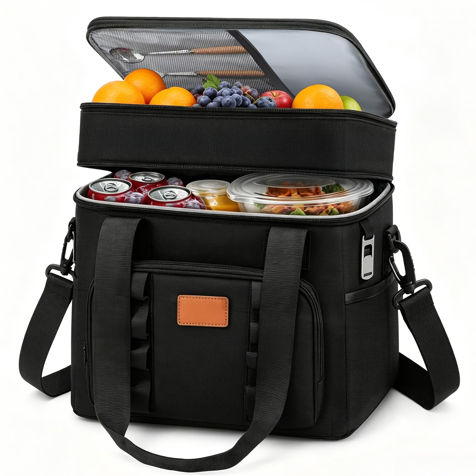 BBLTIFF Borsa Termica Porta Pranzo, 30.7L Borsa Doppio Frigo Grande, Borsa Porta Pranzo, Borse Termiche con Tracolla Regolabile, Tasche Multiple e Apribottiglie per Picnic, Campeggio, Ufficio (Nero) - 2