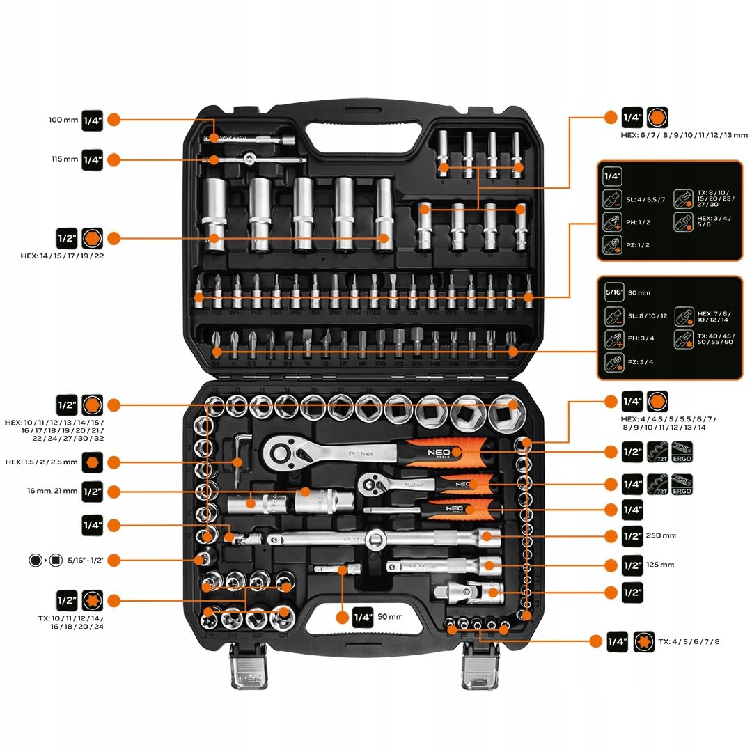 NEO TOOLS Set di chiavi da 108 pezzi da 1/2" 1/4" in robusta valigetta | Set di chiavi a bussola in acciaio CrV, set completo per officina, garage, fai da te