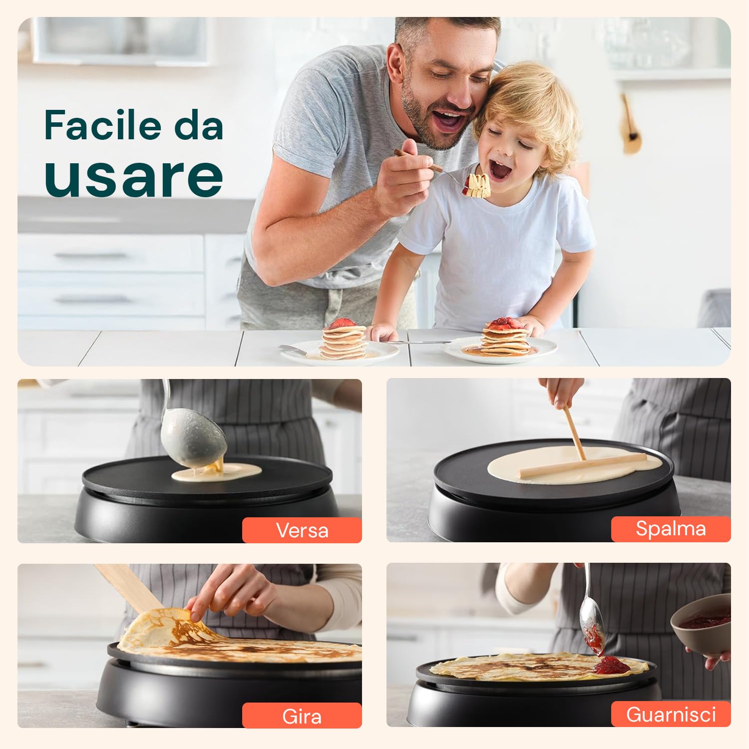 Avilia - Elektrische Crêpes-Pfanne 1200 W mit Antihaftbeschichtung, inklusive Holzspatel, schnelles Kochen, perfekt für süße oder herzhafte Crêpes, ideal für den Hausgebrauch und kreative Snacks