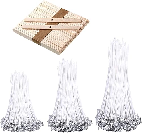 BEADNOVA Juego de mechas de velas, 150 mechas de algodón con 50 soportes de madera, dispositivo de centrado para hacer suministros de bricolaje (4,