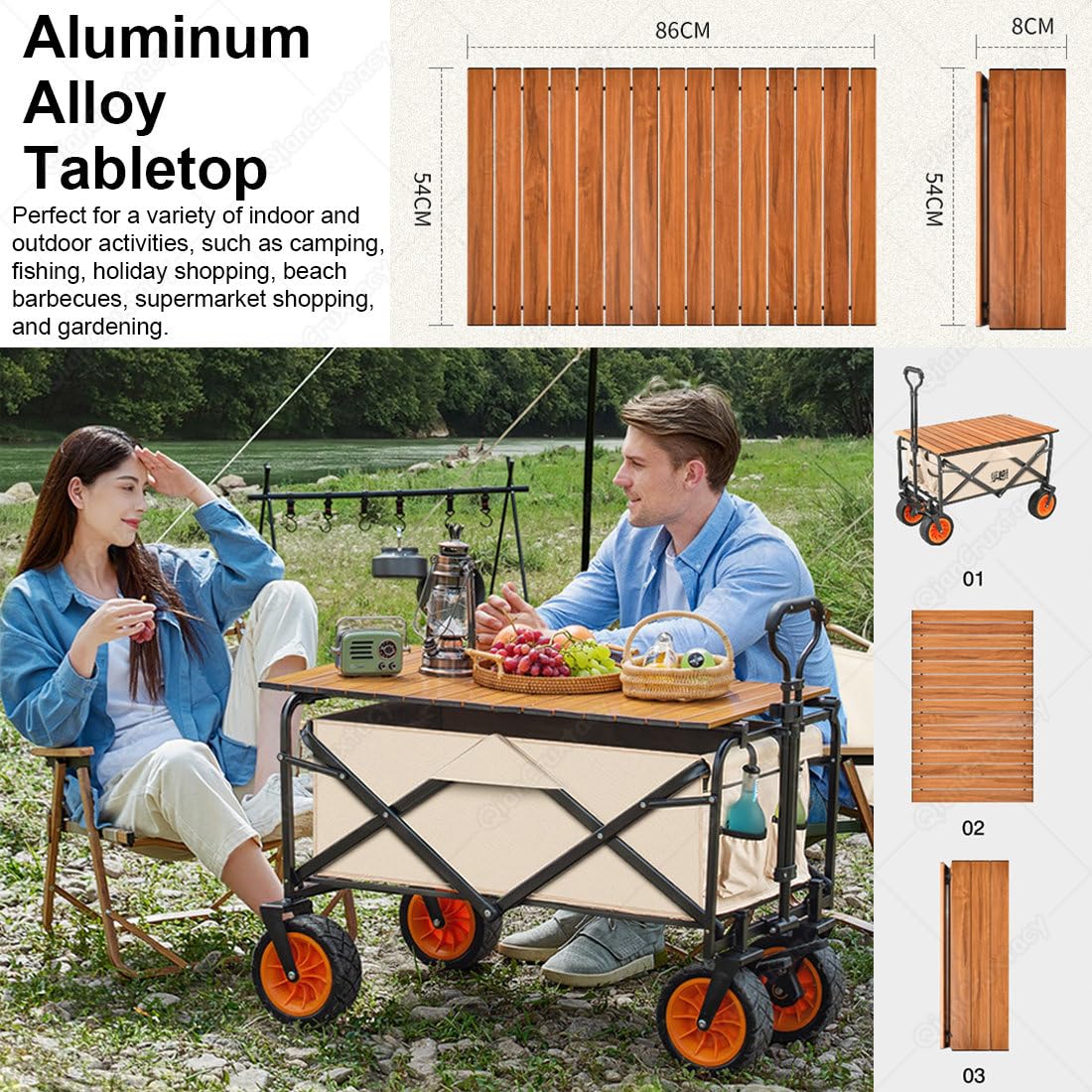 Carrello pieghevole da campeggio con manico regolabile, ruote da 10 cm e doppio sistema frenante per spiaggia, giardino, picnic, shopping e trasporto bagagli