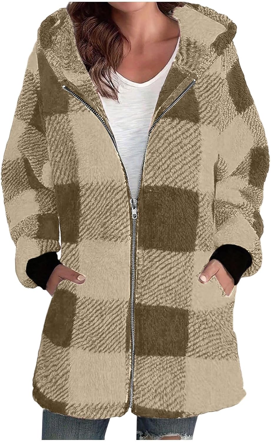 Womens Plaid Shacket Jacket Sherpa Fuzzy Jackets Oversized Button Up Fleece Hooded Warm Zip Up Oversized Coat