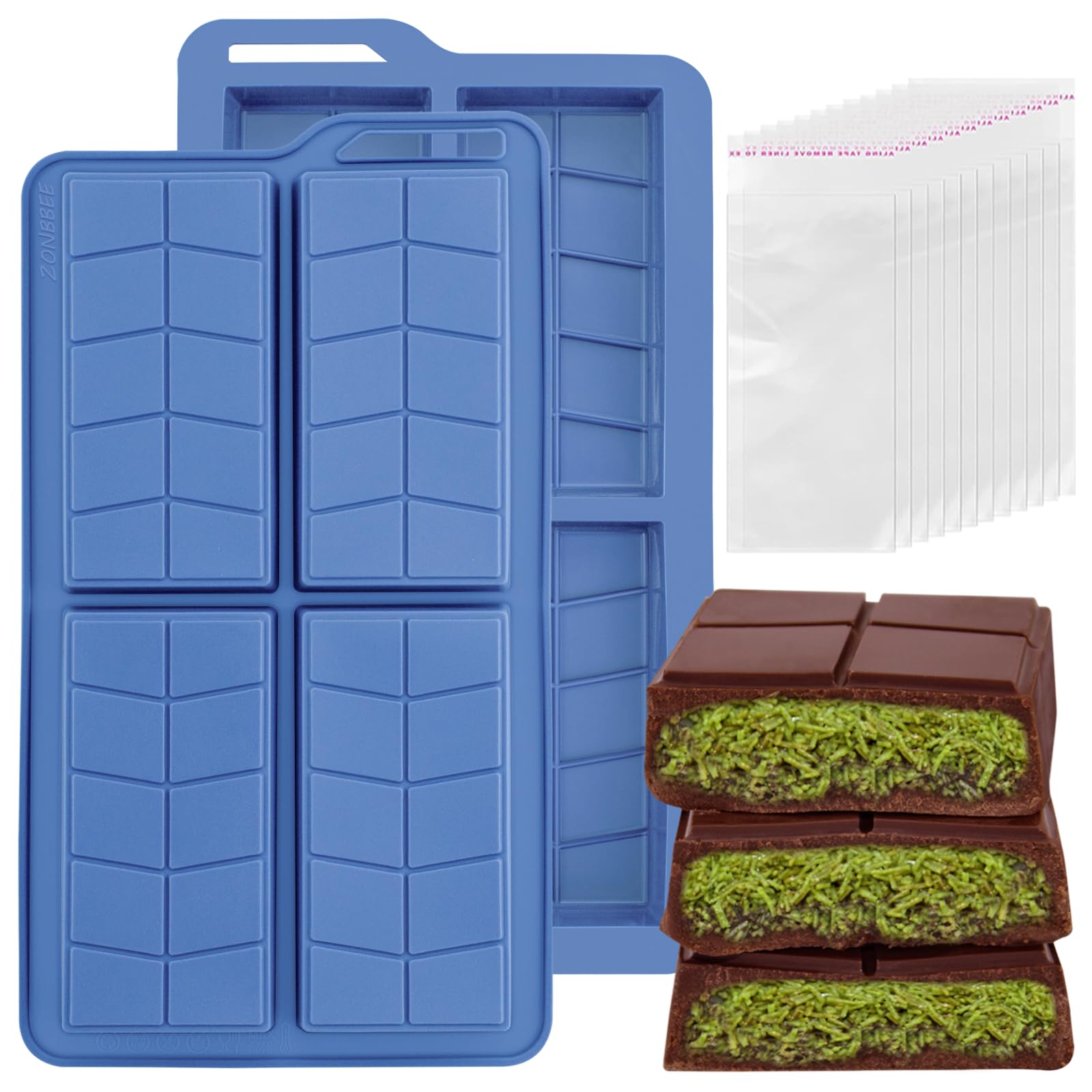 Dubai Silicone Chocolate Bar Mold,0.82inch Deep Chocolate Candy Molds for Filling Thick Pistachio Chocolate-Includes 100pcs Bags