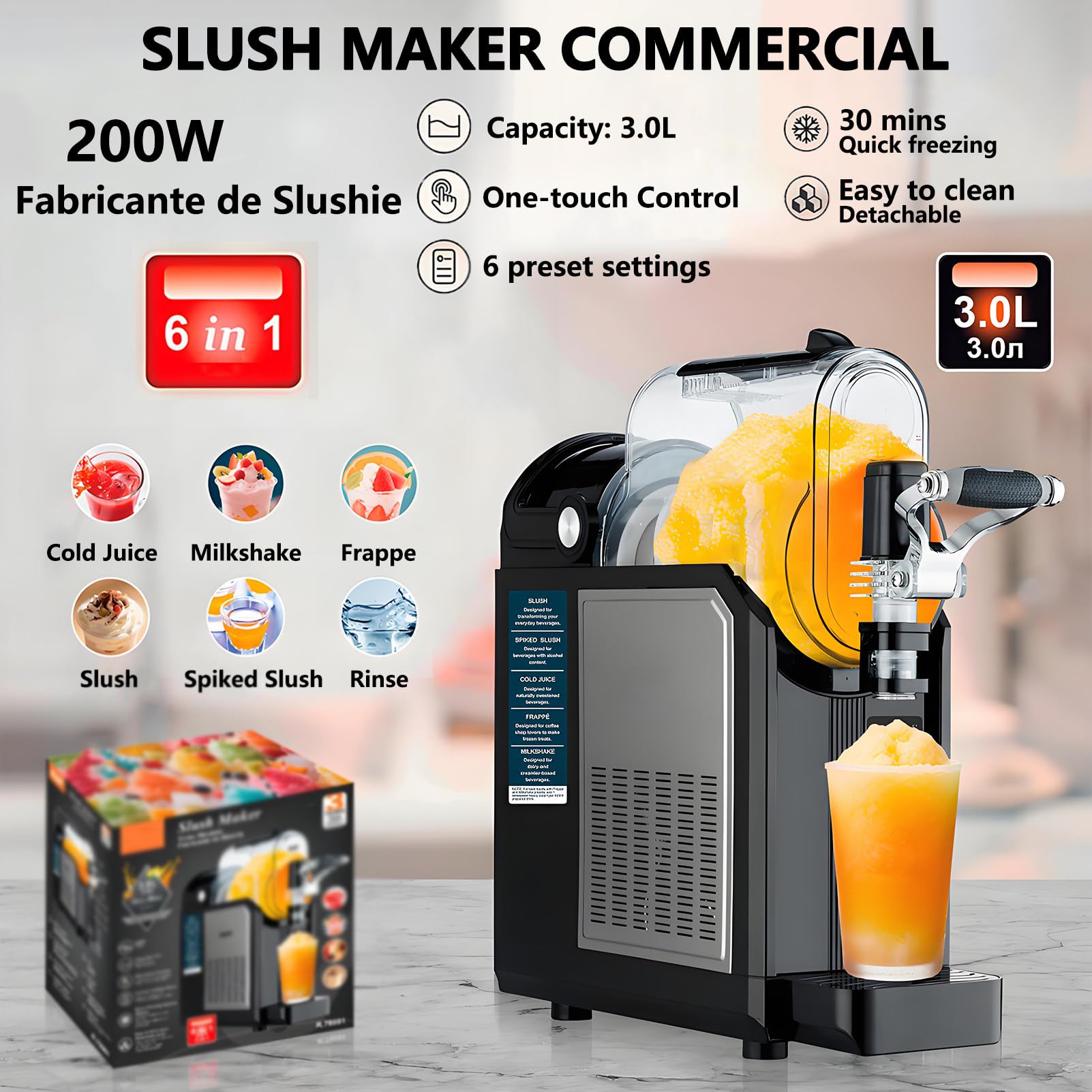 Máquina de Granizados Sin Hielo con 5 Modos, Granizadora Máquina de 3 litros con Control Táctil y Autolimpieza, para Granizados, Cócteles Helados, Frappés, Batidos y Zumos
