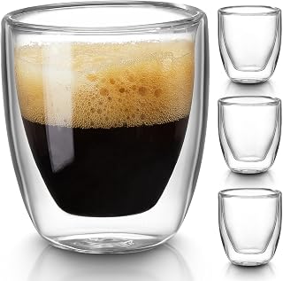 Gencywe Double Wall Espresso Cups Set of 4 - 3oz Insulated Clear Glass Mugs, 50% Thicker, Microwave Safe, Lead-Free Borosilicate