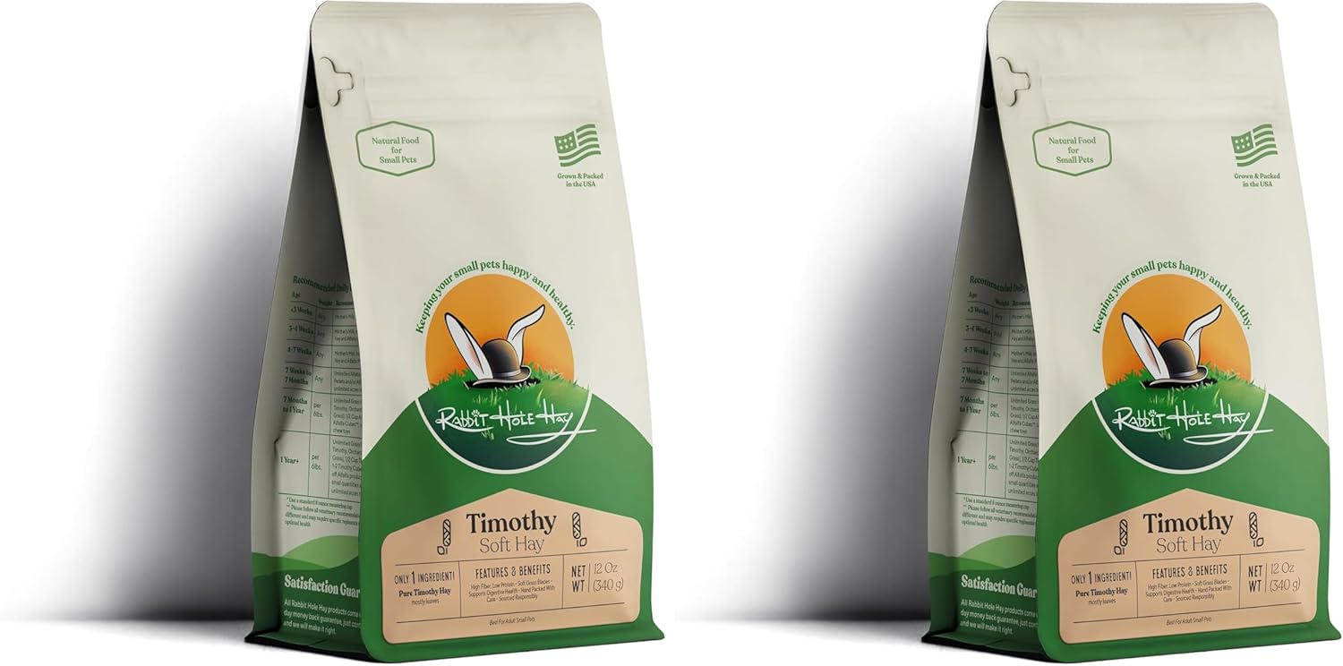 Rabbit Hole Hay - Ultra Premium Soft Timothy Hay for Small Pets - 12 oz Bag - Fresh & Soft (Pack of 2)