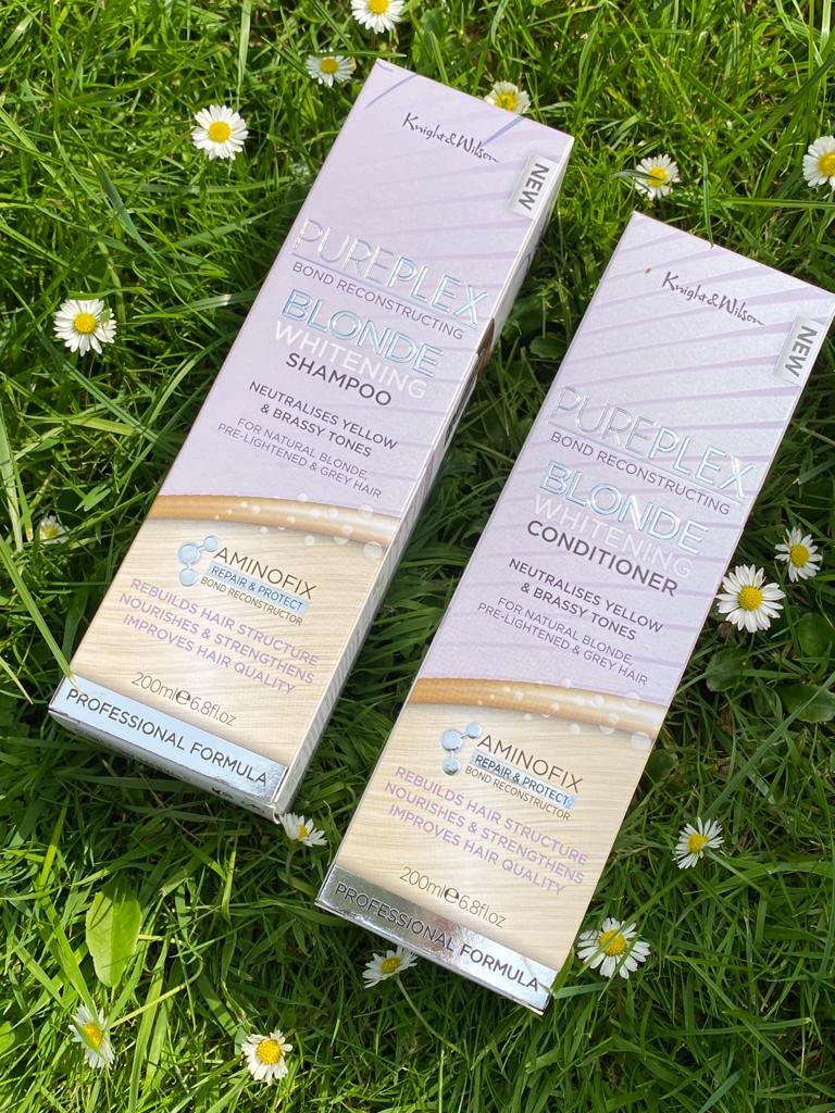 PurePlex Bond Reconstructing Blonde Conditioner & Shampoo. Neutralize unwanted brassiness and yellow tones whilst repairing and boosting your hair health. Professional Salon Genuine Plex Technology