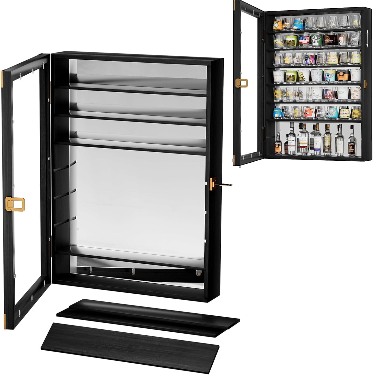 Wooden Shot Glass Display Case Wall Mounted 18x25 Inch Black | Built-in Mirror Cabinet Shot Glass Holder Rack Shadow Box with Lockable UV Protection Acrylic Door, Removable Shelves