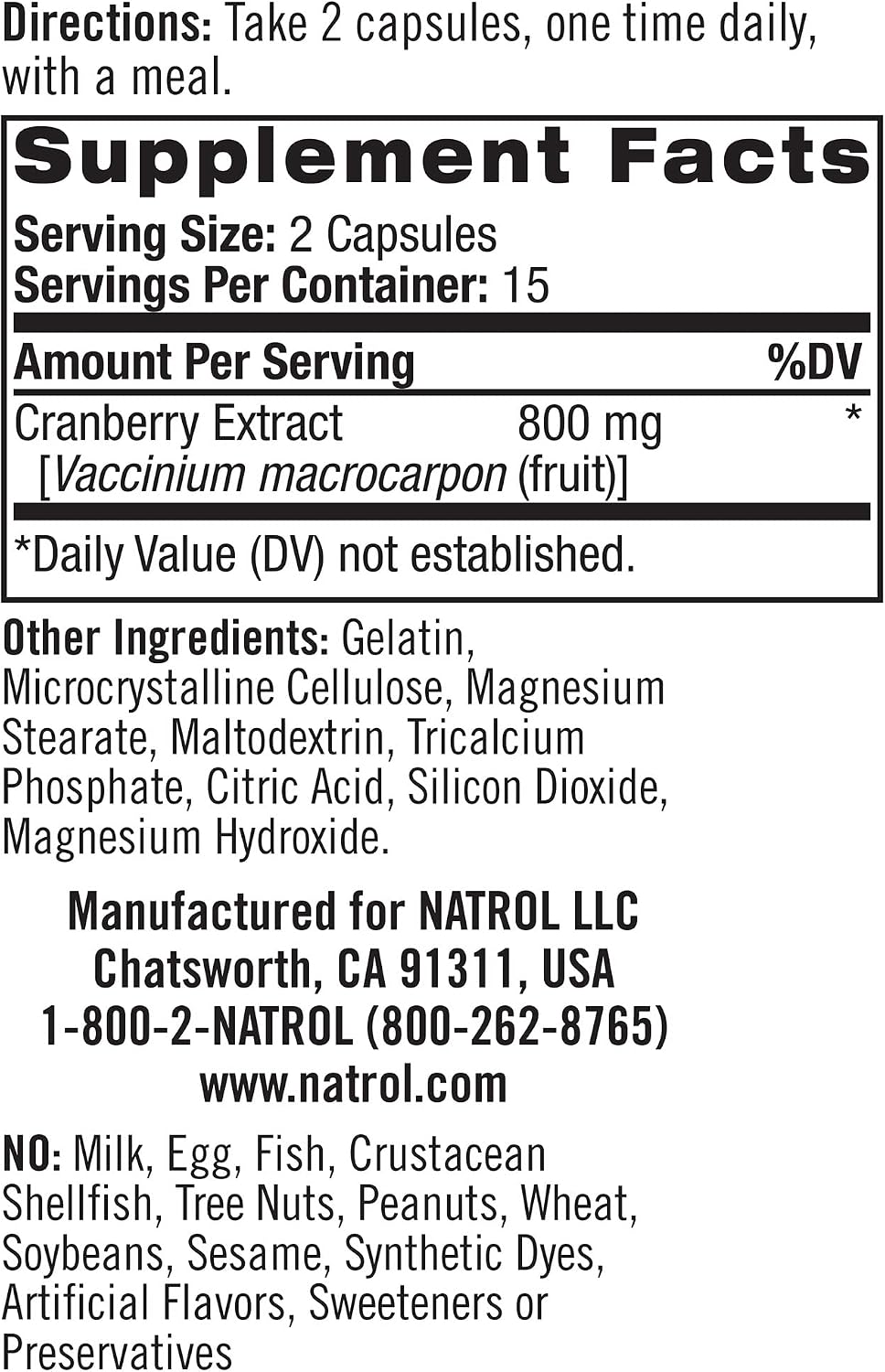 Natrol Cranberry Capsules, 800mg, 30 Count
