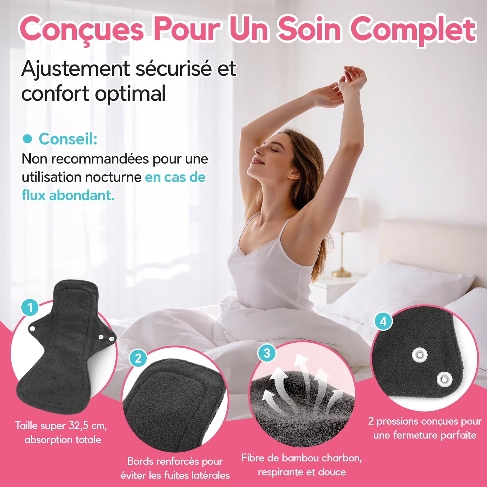 Lot de 4 serviettes hygiéniques lavables pour la nuit - Serviettes menstruelles réutilisables avec couche absorbante en charbon de bambou - Pour la nuit avec queue ondulée