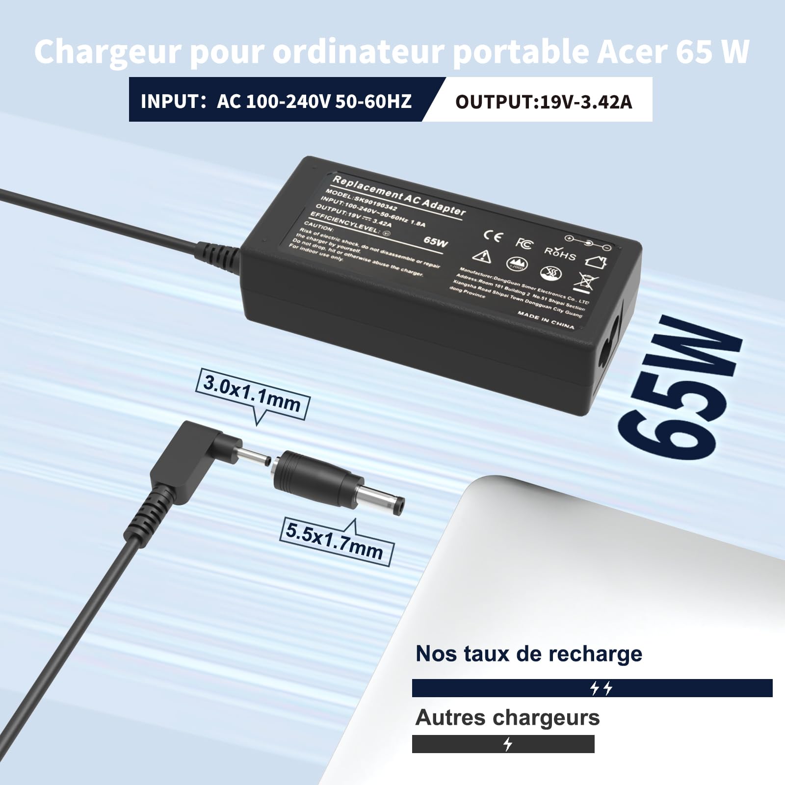 Chargeur Ordinateur Portable 65W pour Acer Aspire 3 5 15 A315 A515-44 A515-45 A515-46 A515-54 A515-55 A515-56 N20C5 N15Q8 N15Q9 N16P1 Swift Spin 5 3 1 Chromebook 11 14 15 CB3 CB5 C738T C740