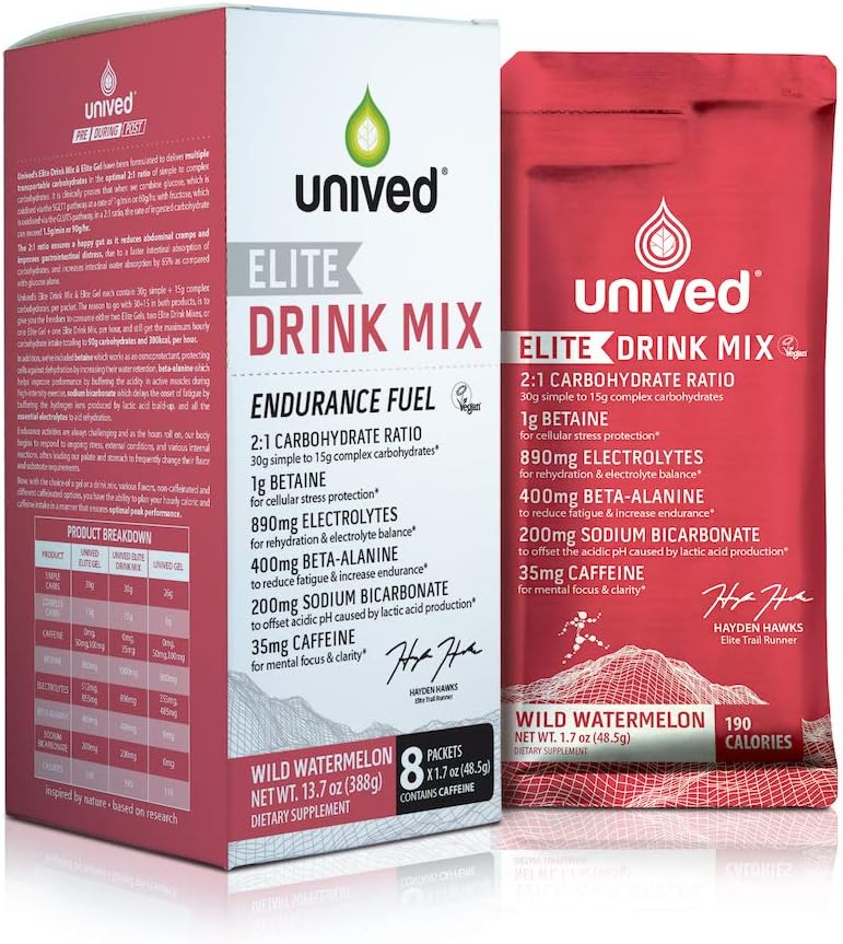 Unived Elite Drink Mix, 2:1 Carbohydrate Ratio, 45g Carbs, 1gm Betaine, 890mg Electrolytes, 400mg Beta-Alanine, 200mg Sodium Bicarbonate, 35mg Caffeine, 190kcal, Vegan & Gluten-Free, Wild Watermelon