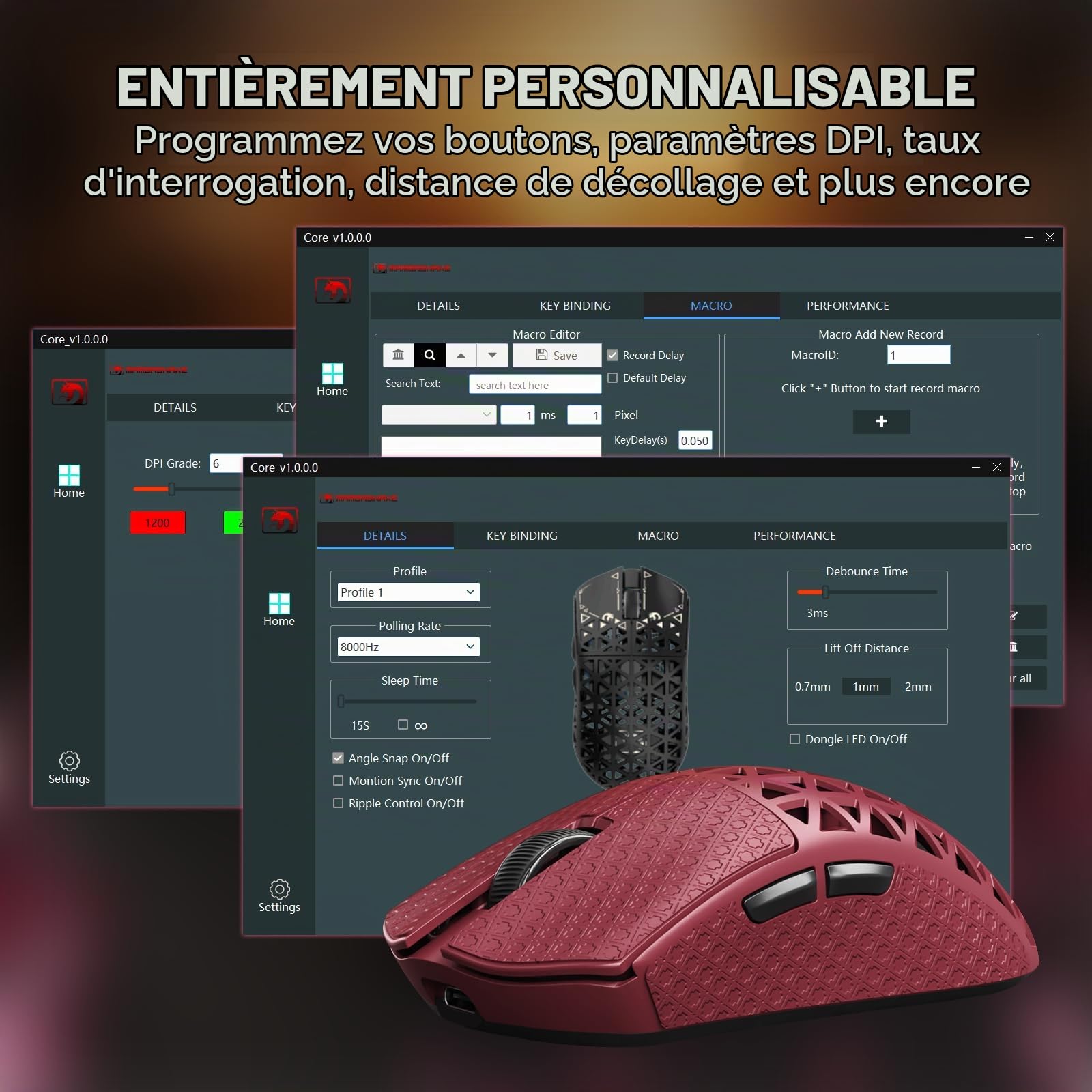 MAMBASNAKE M5 Ultra Souris de Jeu sans Fil en Fibre de Carbone 8000Hz, Jusqu'à 42 000 DPI, Capteur PAW3950 Max, Ultra-légère de 39g, Puce Nordic 52840, 2,4GHz/BT/Filaire, pour PC/Xbox/Mac - Rouge