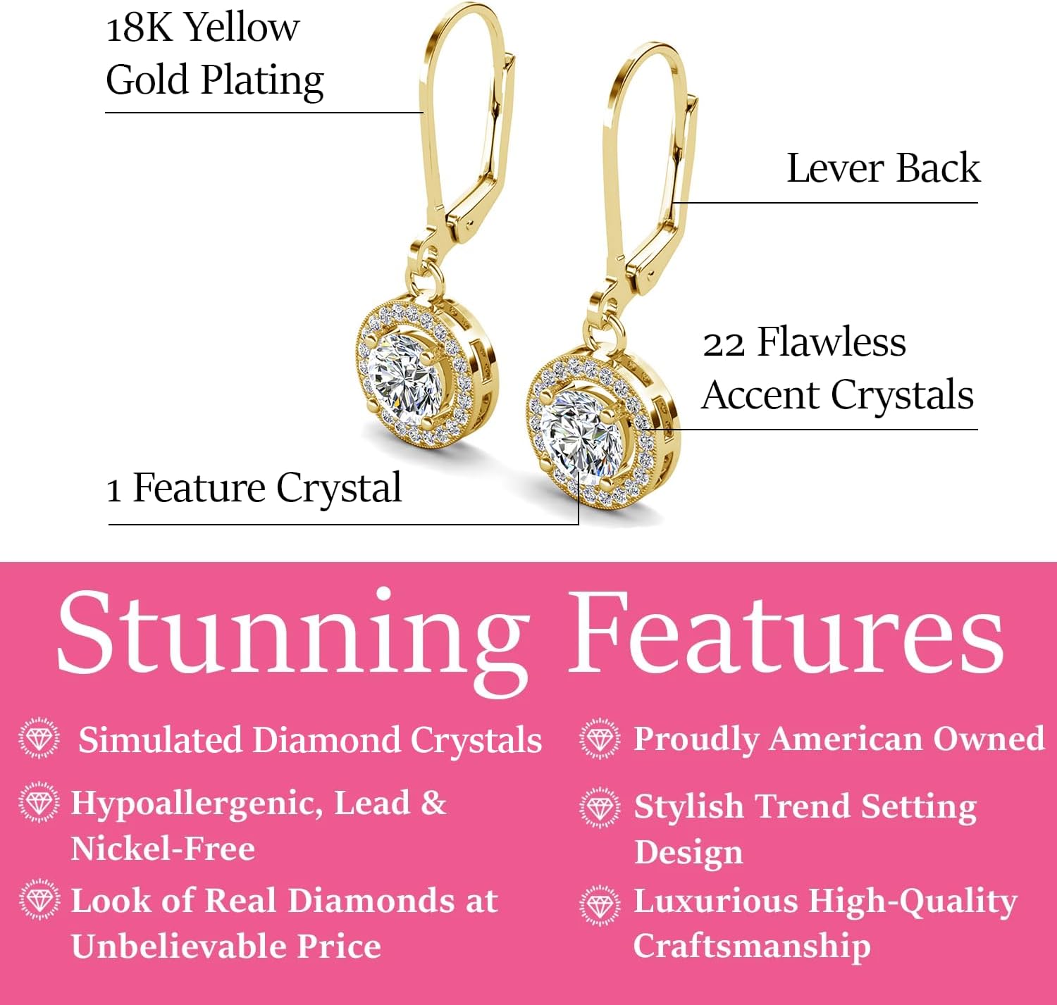 Cate & Chloe Juliana 18k Gold-Plated Halo Dangle Earrings with Solitaire Round Cut Simulated Diamond Crystals, Elegant Jewelry for Women, Gift for Her on Christmas, Anniversary, Birthday and More