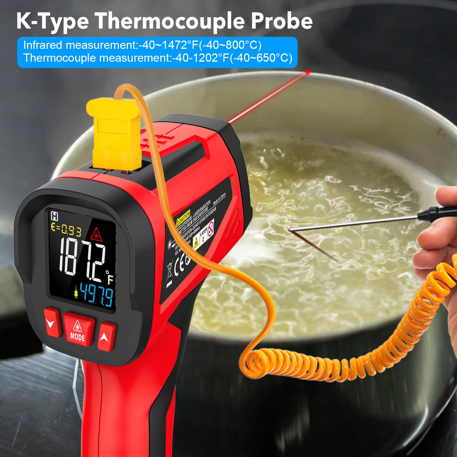 Pistola de temperatura con termómetro infrarrojo, -40.0 °C ~ 800.0 °C, pistola de temperatura láser digital con sonda para cocinar, hornos de pizza, planchas, carne, HVAC, pistola de