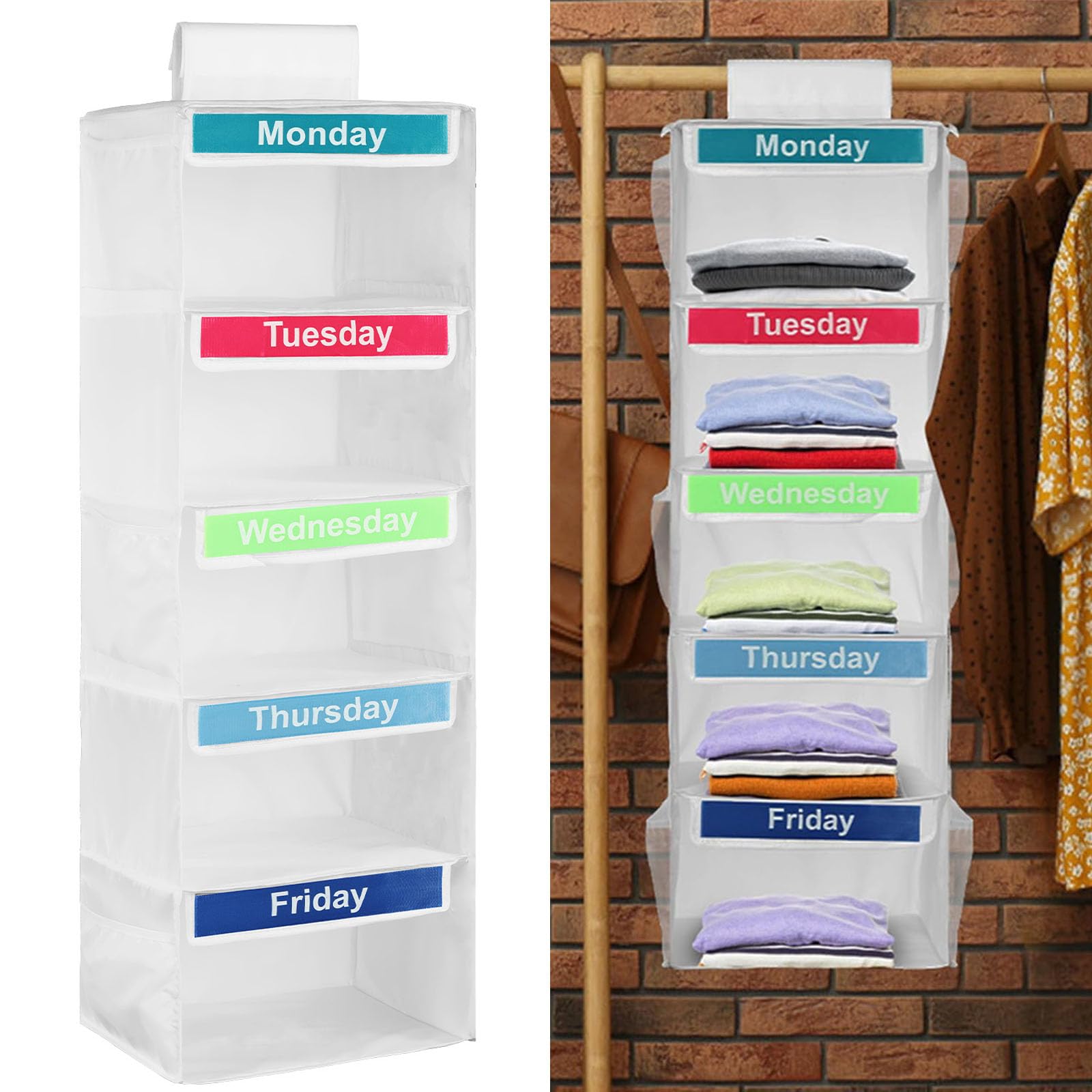 KTCINA Weekly Clothes Organizer for Kids, 5 Days Week Clothes Organizer with 6 Side Pockets, 5 Shelf Hanging Closet Organizers Monday To Friday Hanging Organiser for Hats T-Shirts Bags Towels(White)