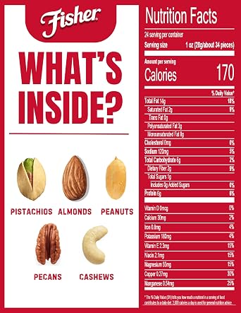 Fisher Oven Roasted Never Fried Mixed Nuts with Peanuts, 24 Ounces (Pack of 1), Peanuts, Almonds, Cashews, Pistachios, Pecans, Trail Mix, Healthy Snacks for Adults, Made With Sea Salt, No Added Oils