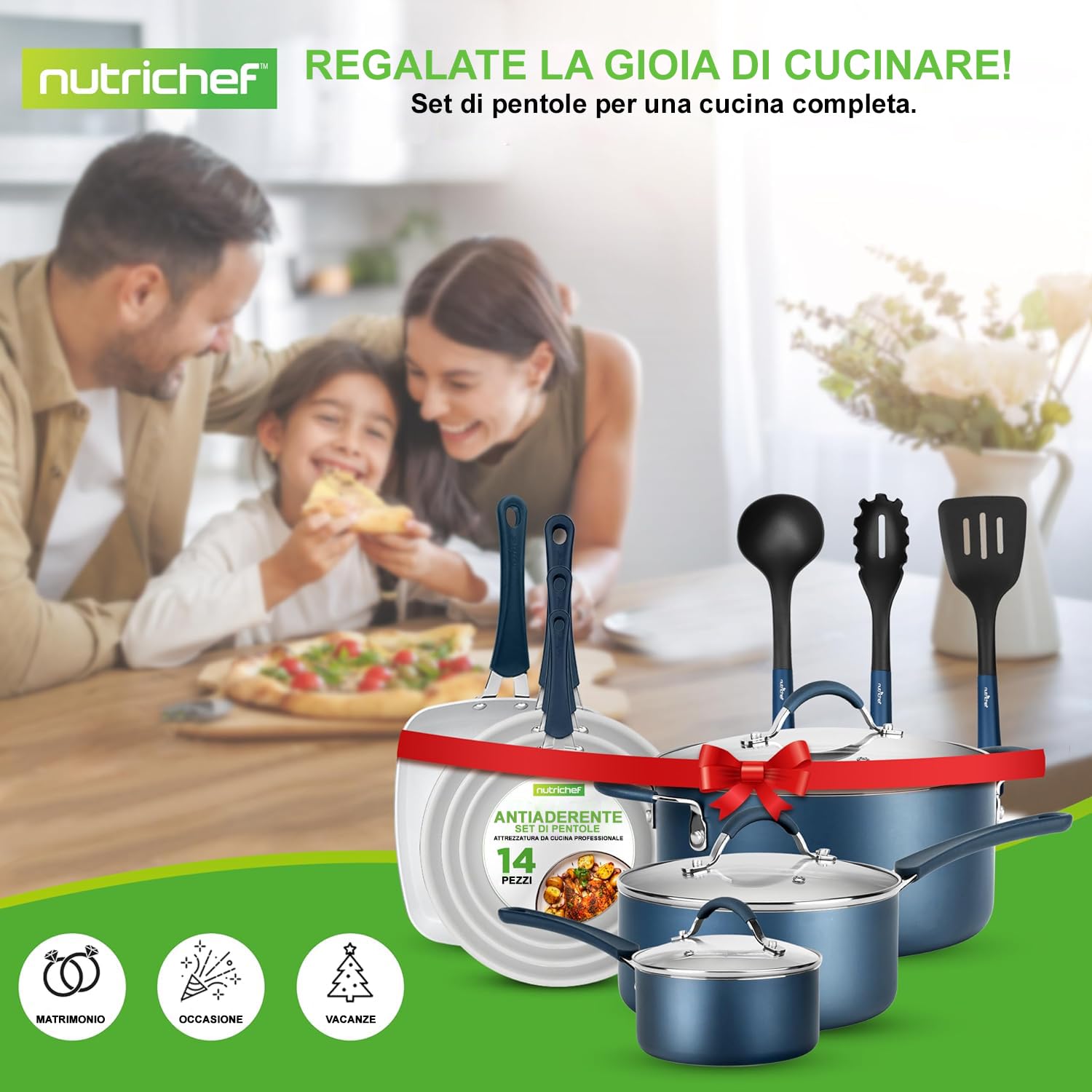 NutriChef Set di 14 Pentole e Padelle Antiaderenti, Set di Utensili da Cucina di Base di Alta Qualità, Padella Antiaderente, Alluminio, Blu