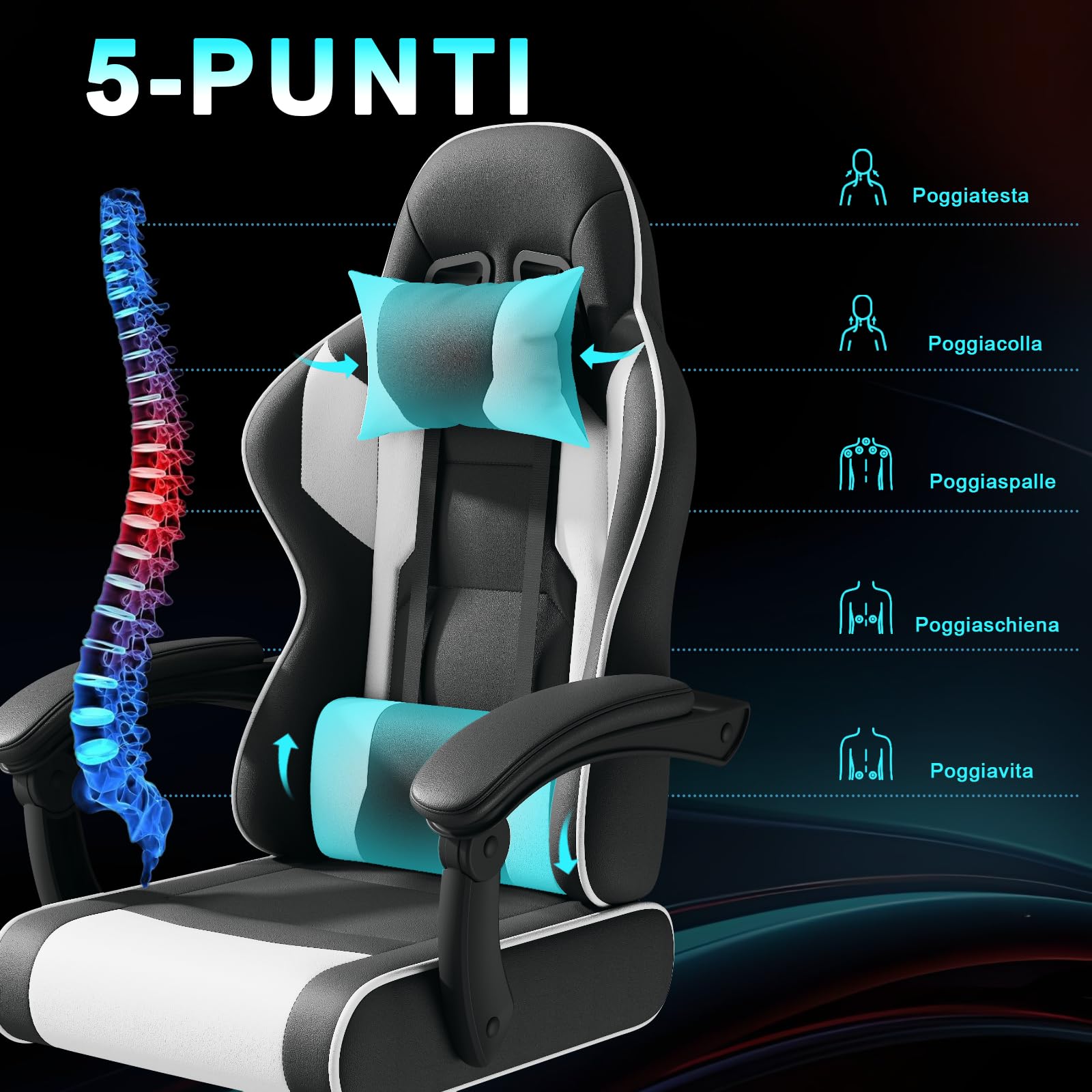 JUMMICO JETSTREAM Poltrona Gaming Ergonomica Con Poggiapiedi, Poggiatesta, Massaggio E Sollevamento Pneumatico, 150 Kg, Bianco