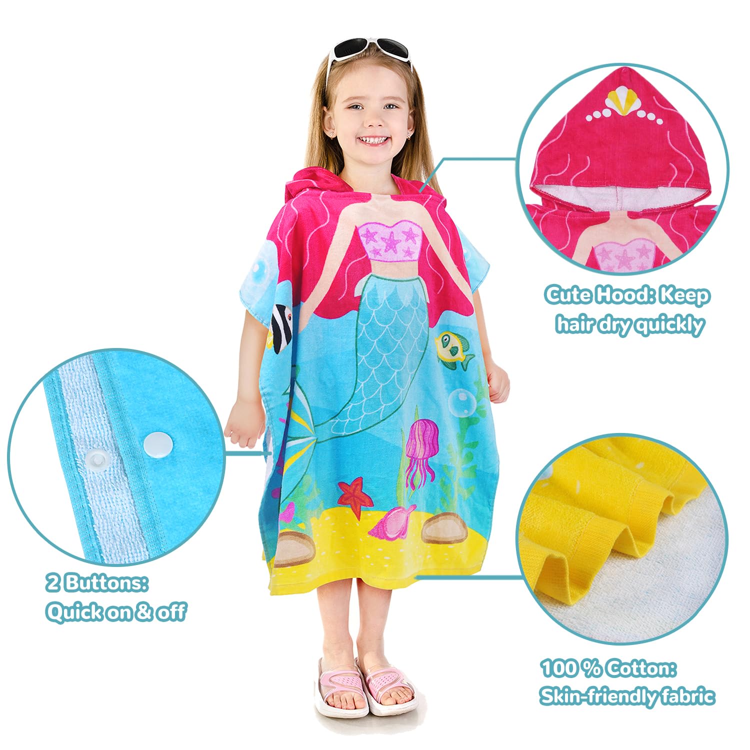 Catalonia Kinder Kapuzenhandtuch, 100% Baumwolle, Wasserabsorbierendes Badetuch, Sanddicht, Strandponcho für Schwimmen, Baden, 2 bis 6 Jahre, Unisex, 52"x24", Meerjungfrau-Türkis