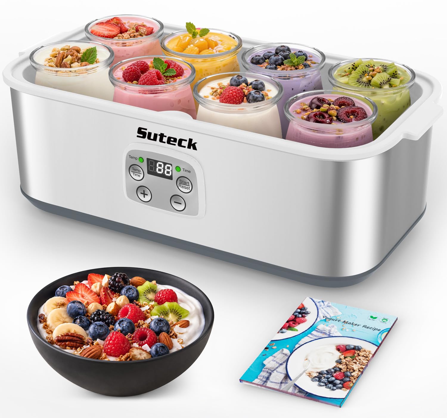 Suteck Joghurtmaschine mit 8 Glasgläsern - Zeit- und Temperaturregelung, hausgemachter griechischer und probiotischer Joghurt, automatische Abschaltung, BPA-frei, insgesamt 1,360g, weiß
