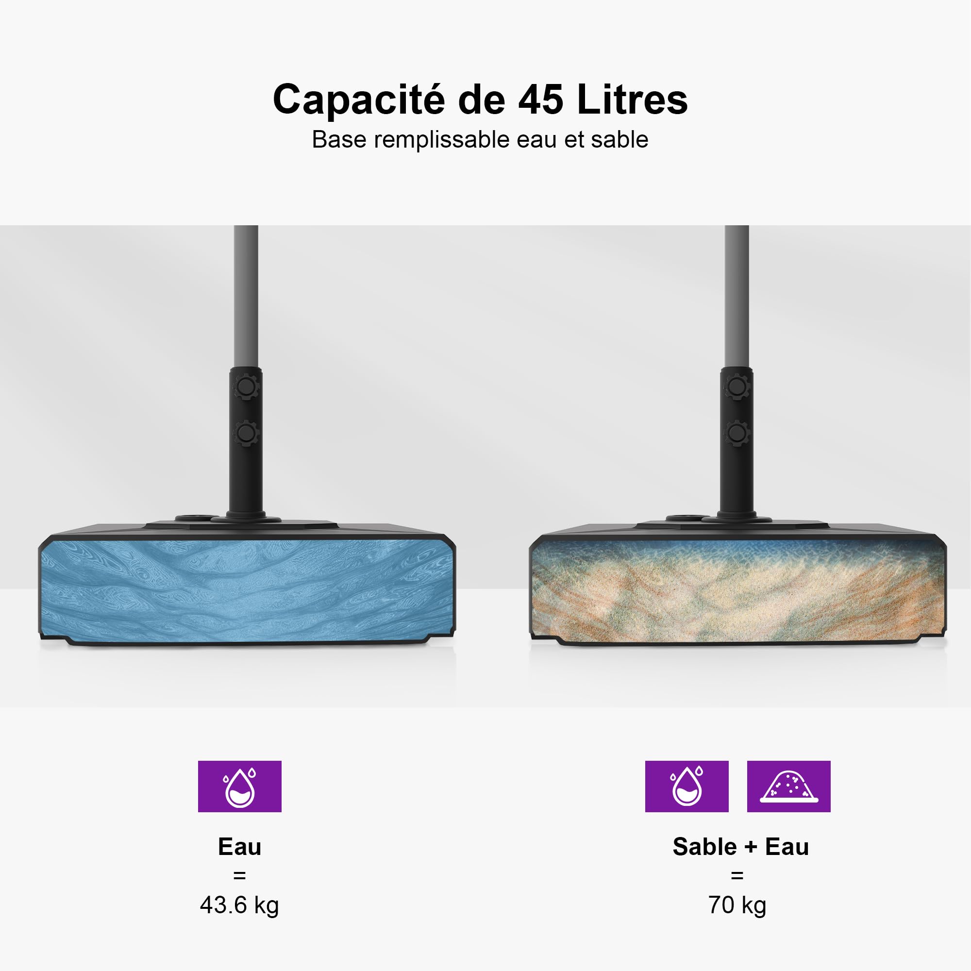 PURPLE LEAF MBASE45 Pied de Parasol 55L x 55L x 11H cm avec Roues Noir