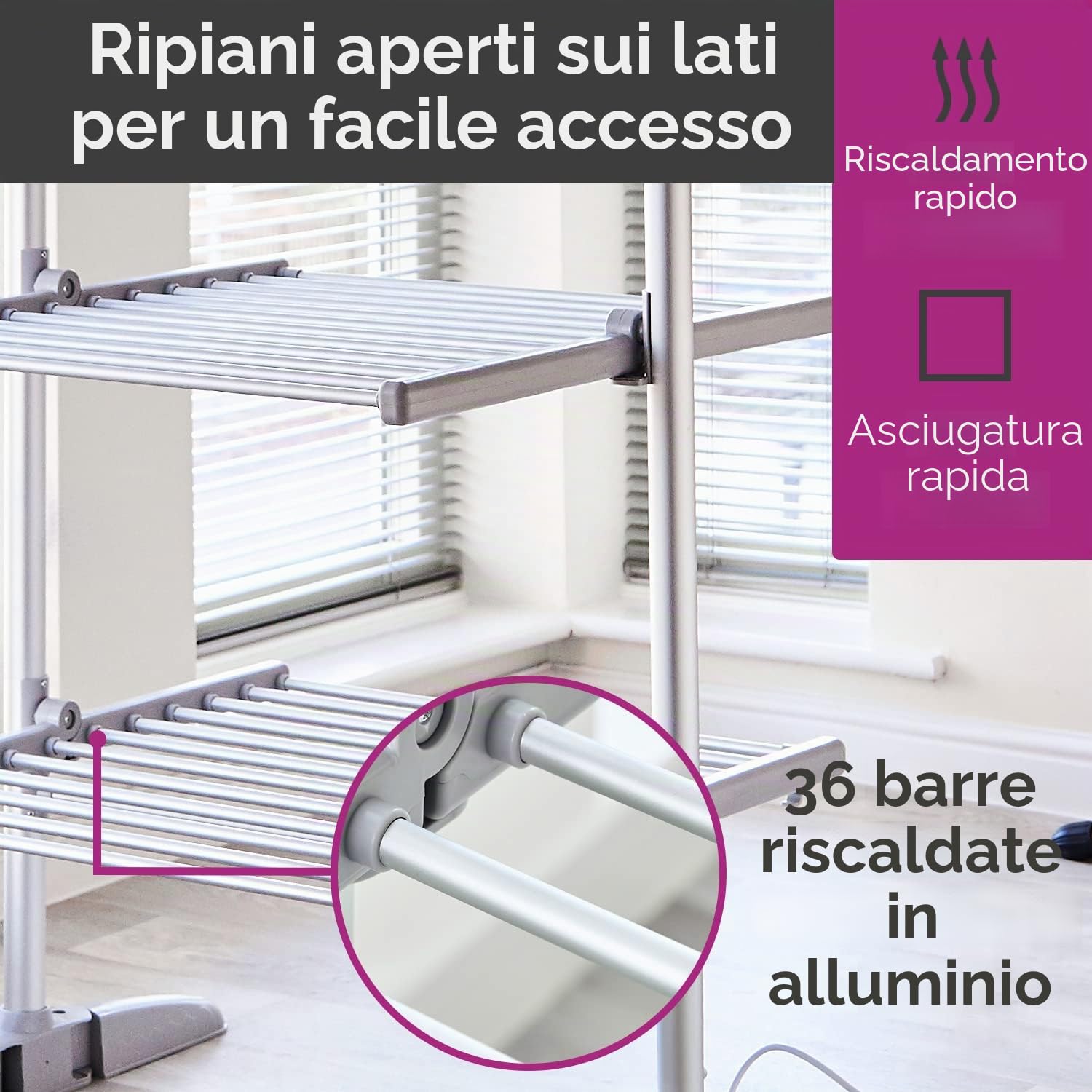 Neo Stendibiancheria elettrico a 3 livelli XL grande, pieghevole, per interni, portatile, riscaldato, con 36 binari da 147 cm