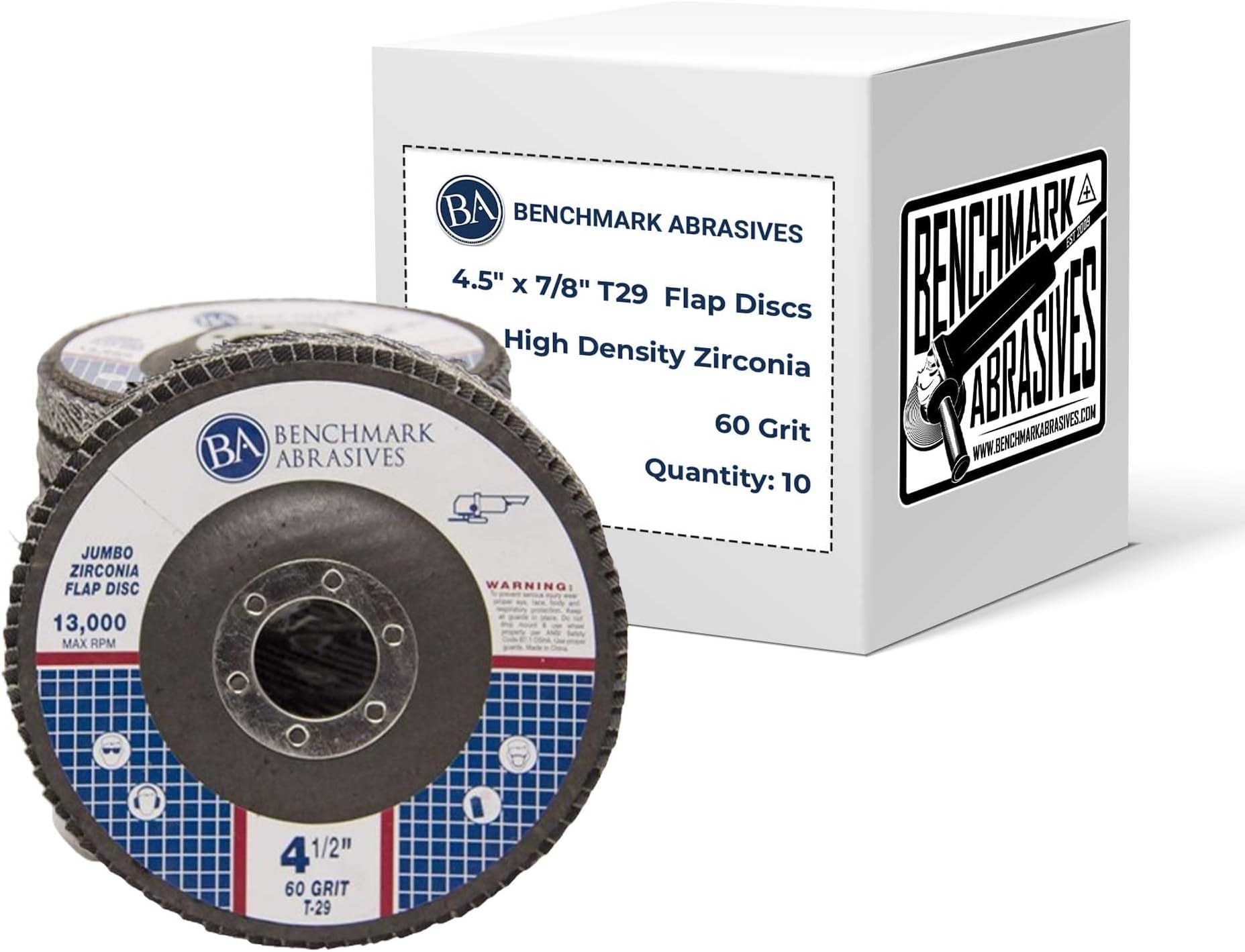 Benchmark Abrasives 4.5" x 7/8" Premium High Density Jumbo Zirconia Type 29 Flap Discs 4 1/2 for Angle Grinder, Sanding Discs, Finishing - Grinding Wheels 4 1/2 Inch (10 Pack) - 60 Grit