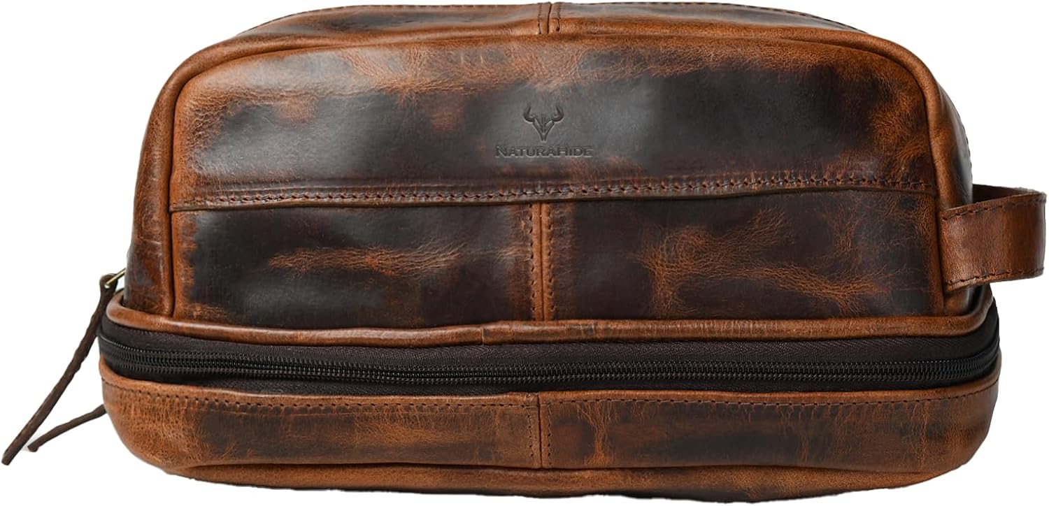 Leather Toiletry Bag – Full Grain Cowhide, Travel Kit with Brass Zipper & Wax Thread Stitching Capacity 1L