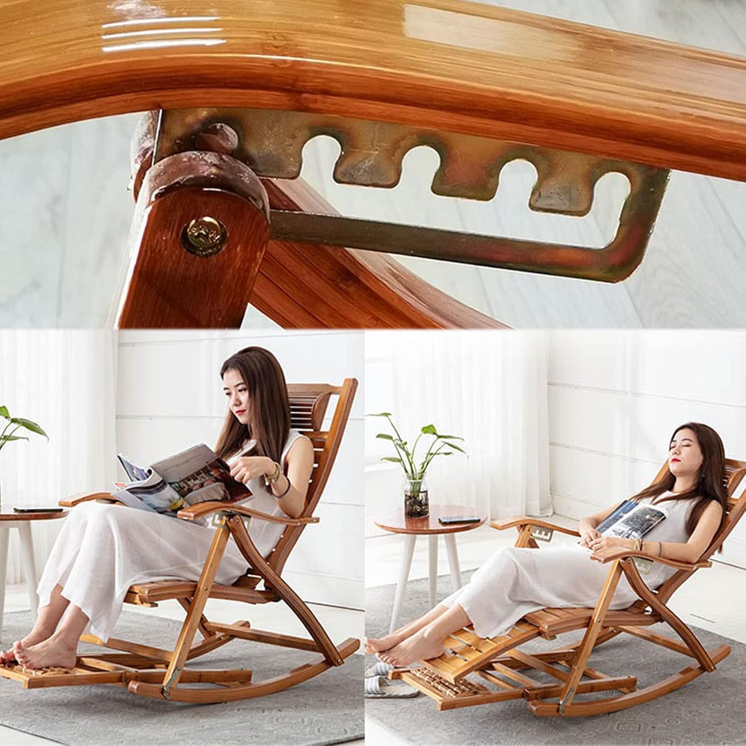 Outdoor Patio Woodenl Rocking Chair, Padded Modern Rocker Chairs with Cushion, Support 440lbs for Porch, Deck, Balcony or Indoor Use (with Grey Cotton Pad)