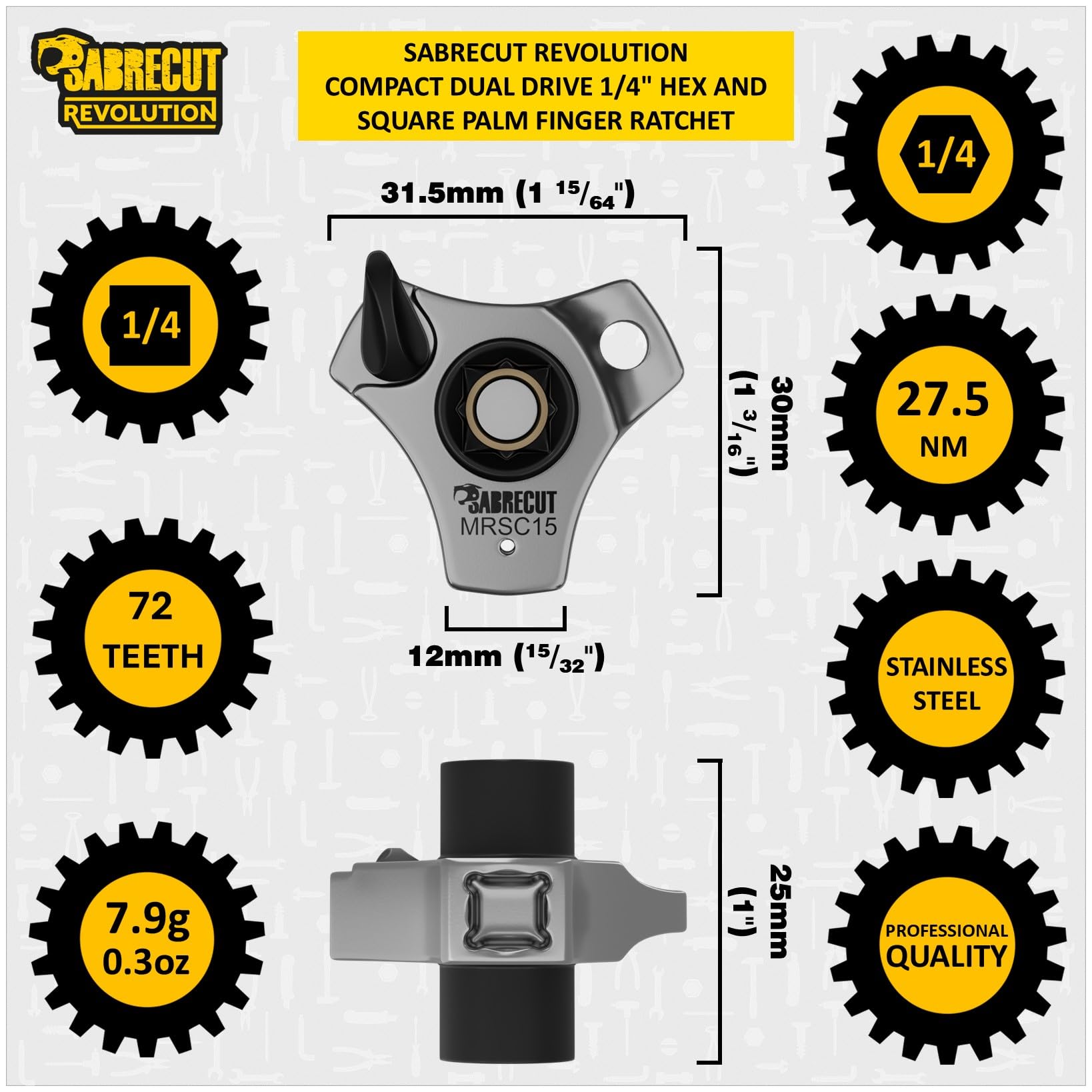 SabreCut 1 x MRSC15 Compact Dual Drive Palm Finger Ratchet, 1/4" Hex and Square Drive - Image 2