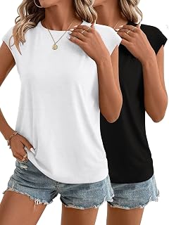 2 Pack Womens Tops Cap Sleeve T Shirts Summer Spring Basic Trendy Casual Outfits Beach Vacation Fashion Dressy Clothes