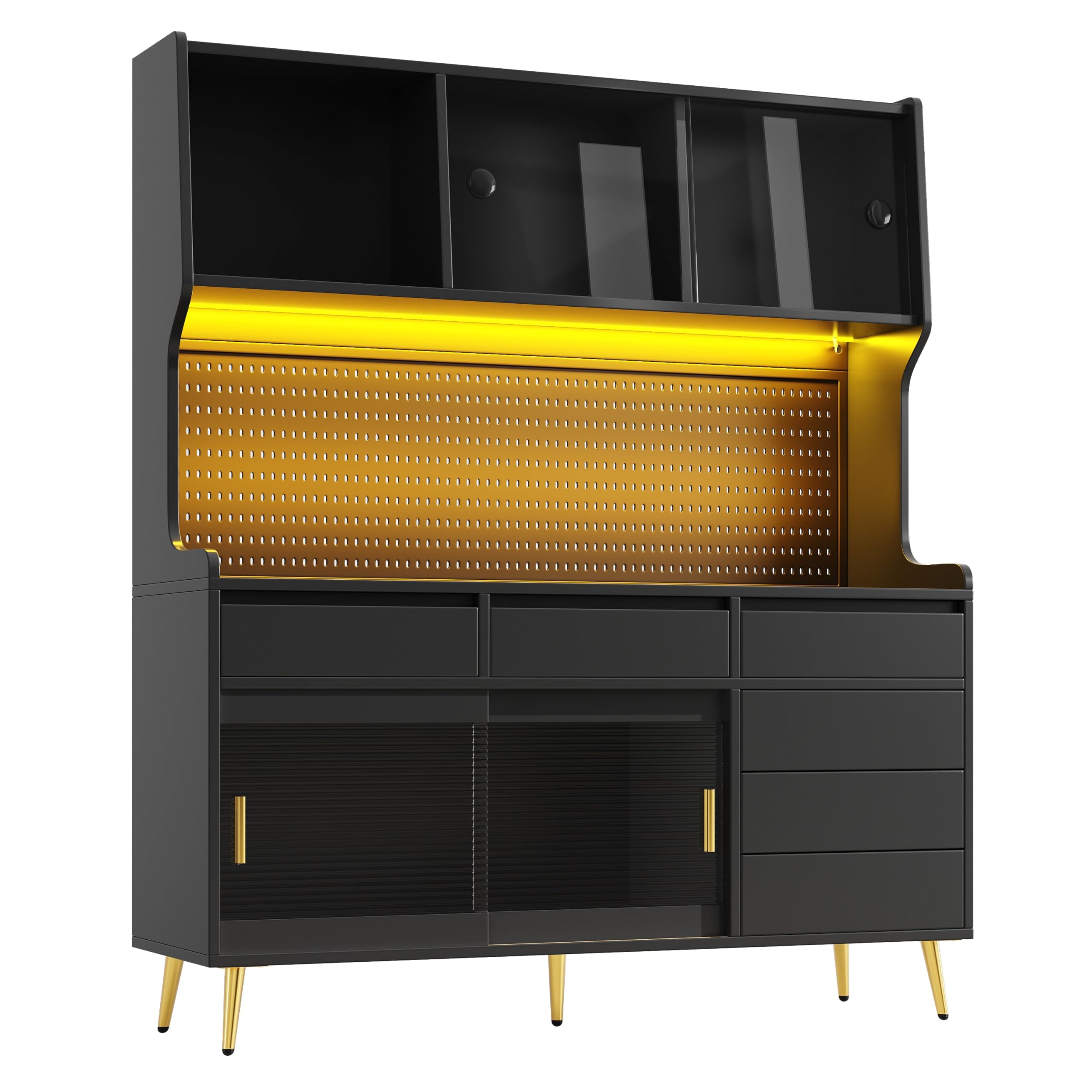 Hochschrank mit LED Beleuchtung & App-Steuerung, Küchenschrank oder Esszimmerschrank mit Schublade,Sideboard mit Aufbewahrungsregal mit Lochwand, 145x39x171cm, Schwarz