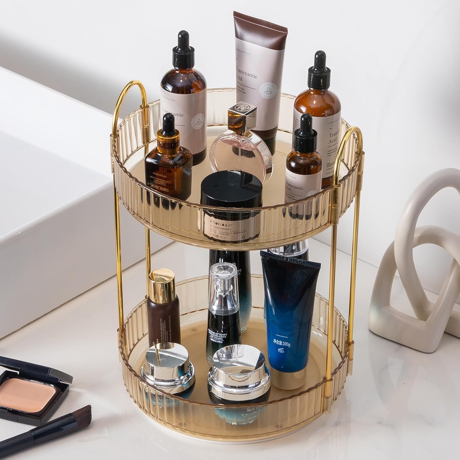 Organizzatore di Trucco Rotante a 360°, Organizzatore di Cosmetici ad Grande Capacità, Organizzatore di Profumi, Organizzatore Della Cura Della Pelle per Bagno (2 Strati, Ambra)