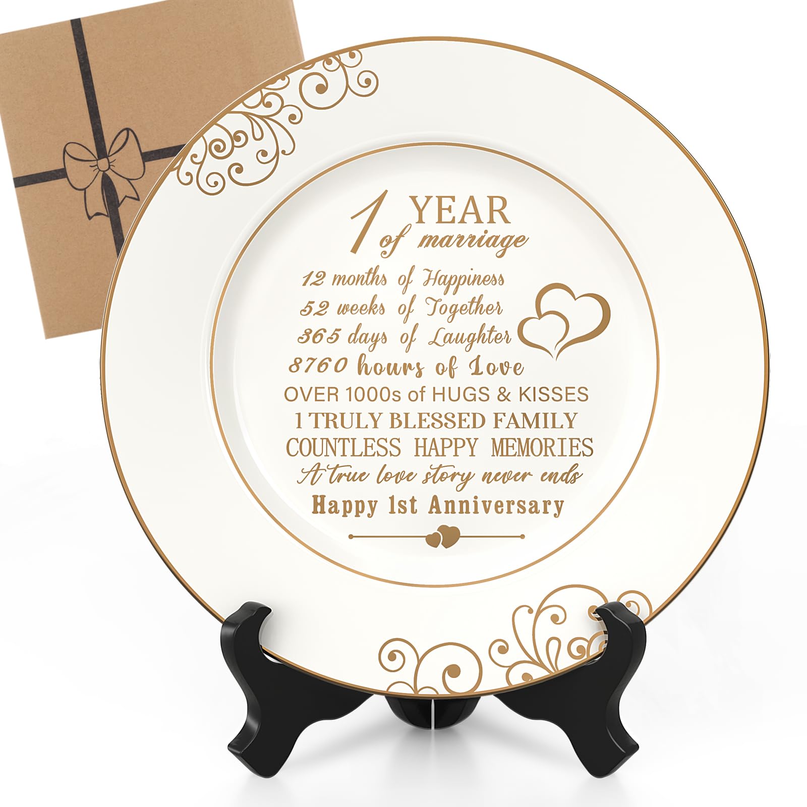 1st Anniversary Plate with 24k Gold Foil - 1 Year Paper Anniversary Wedding Gifts Decorations for Him Couples Wife Husband, Ceramic 9"