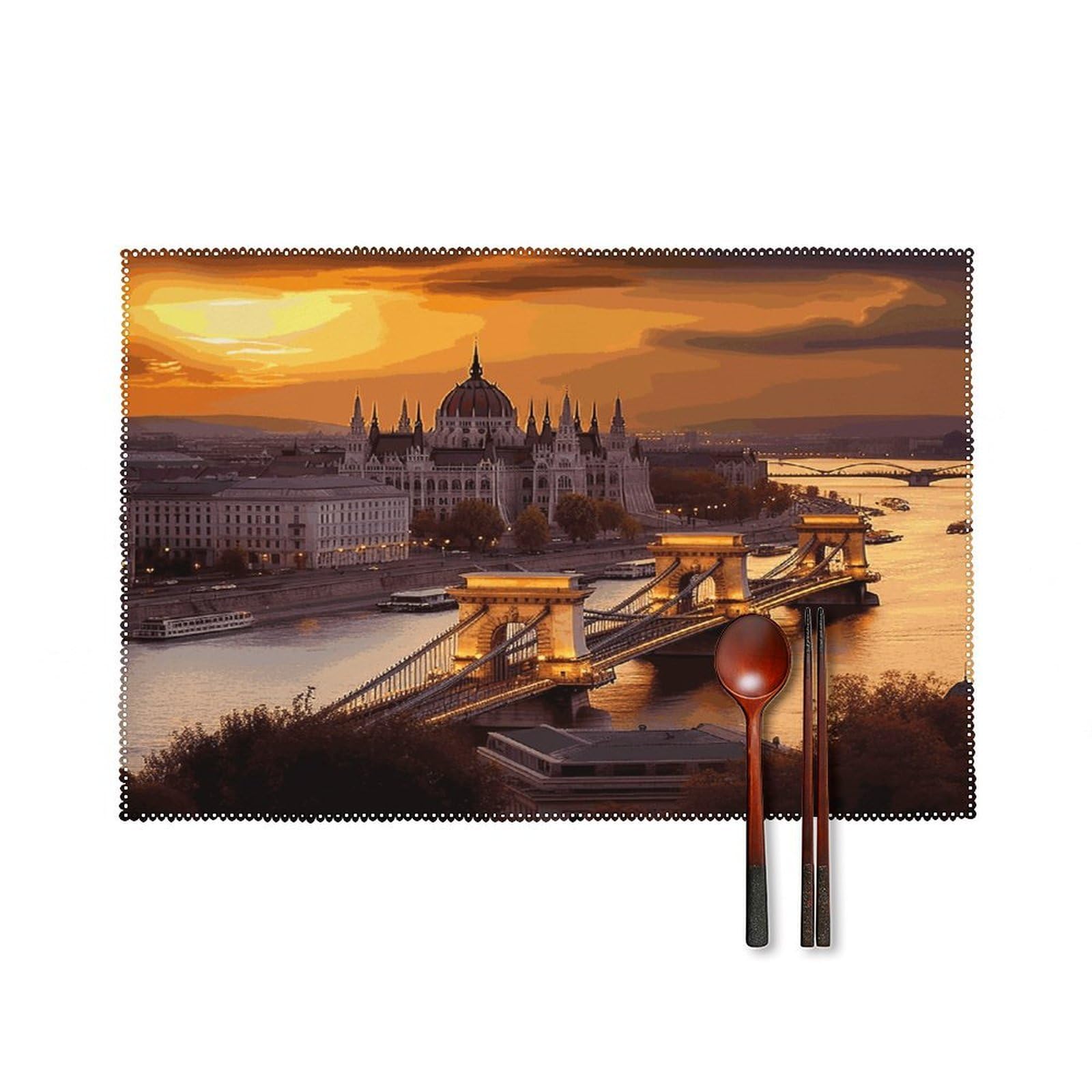 Sunset in Budapest Placemats Set of 4 Heat Resistant Non-Slip Place Mats for Dining Table Washable Placemat Wipeable Dining Table Mat Canvas Place Mats Dining Table Decor