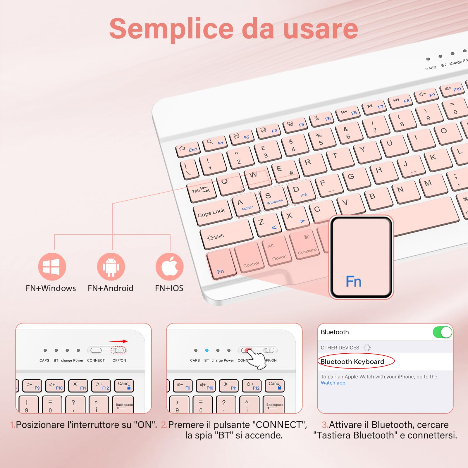 BQSS Tastiera Wireless, Layout Italiano QWERTY Tastiera Wireless Bluetooth Rechargeable, per Samsung/IOS/Android/Windows/Telefoni