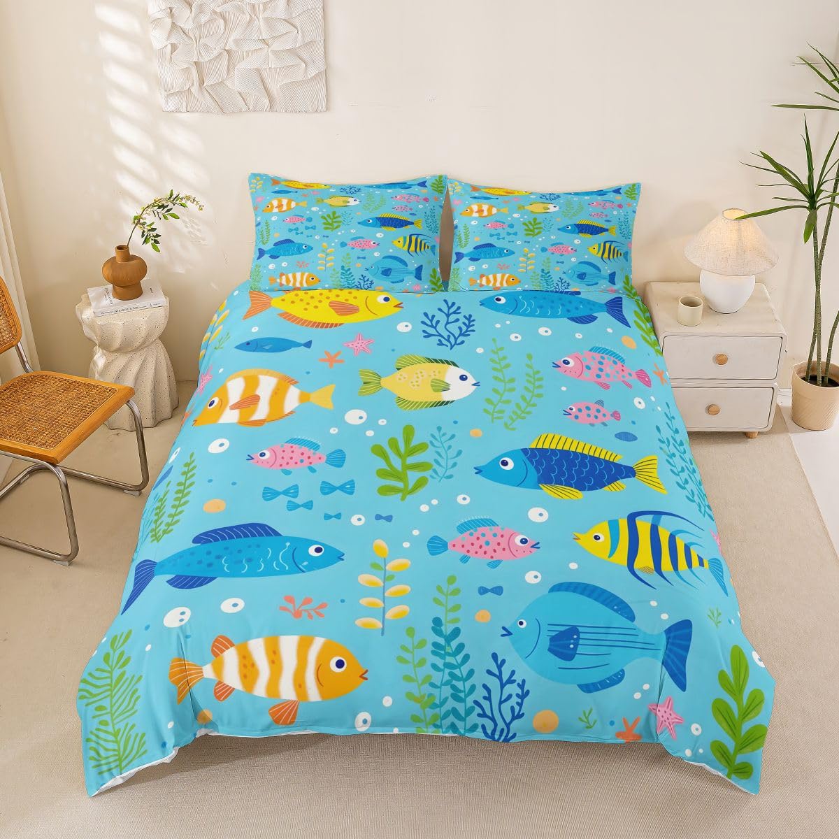 Homewish Morski świat urocza ryba podwójna poszewka na kołdrę niebieskie zwierzę morskie kreskówka zestaw pościeli dla dzieci nastolatków dorosłych koral morska poszewka na kołdrę bąbelkowe zestawy