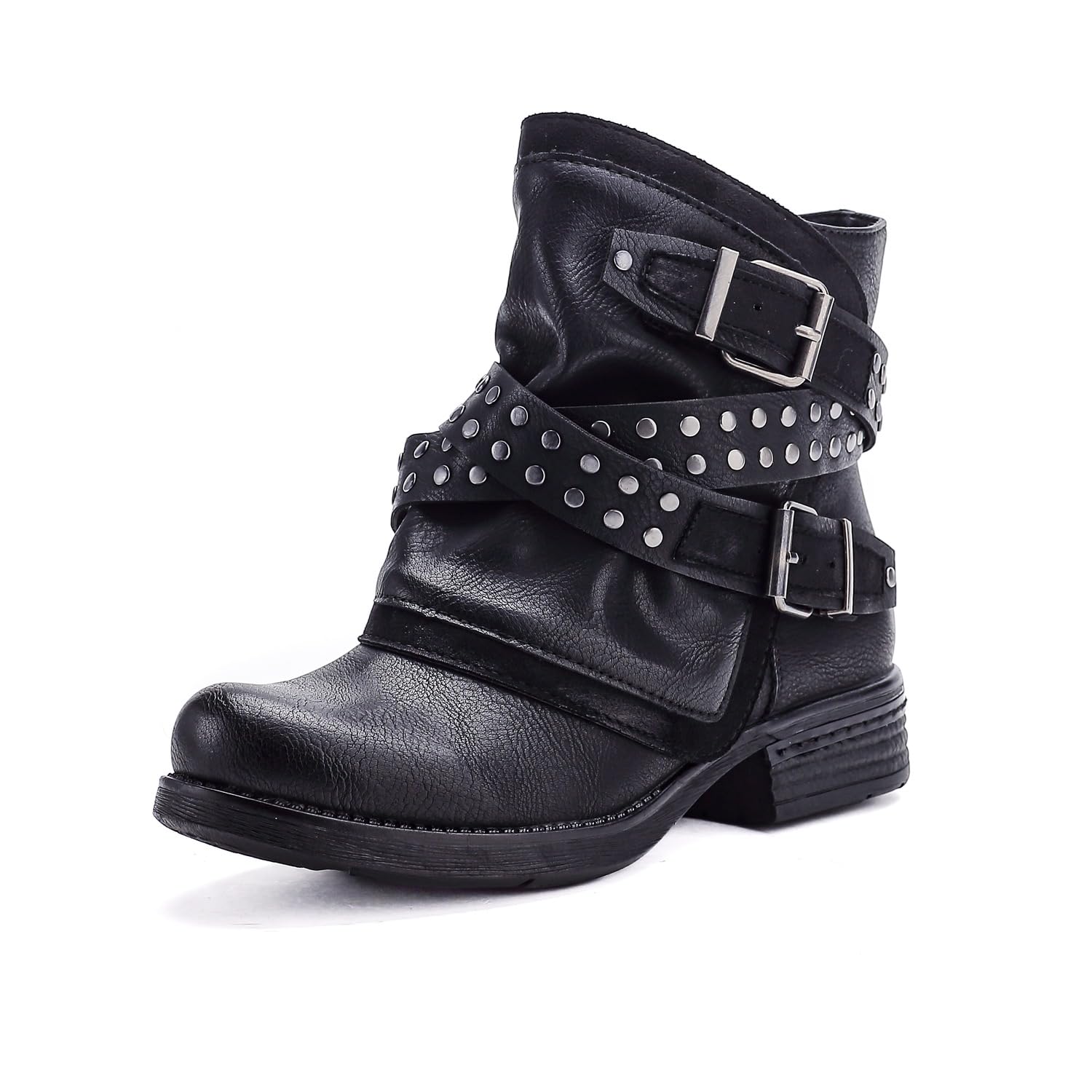 Pogolino Damen Biker Boots Nieten flach Stiefeletten Stiefel