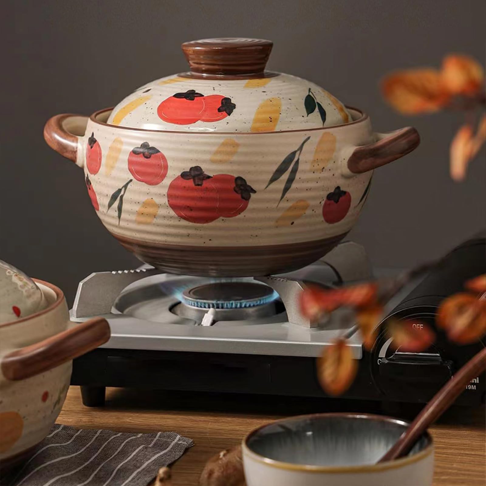 Casseruola in ceramica, Pirofila con Coperchio in Terracotta, Pentola per Stufato, Zuppa, Vapore, Resistente al Calore (Cachi, 2,95 QT)