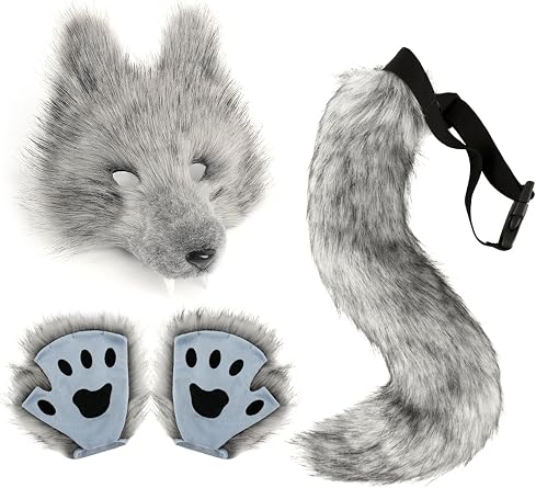 QinRuan Therian Mask and Tail Set, 3-Piece Faux Fur Fox Wolf Cosplay Costume with Paw Gloves for Adults