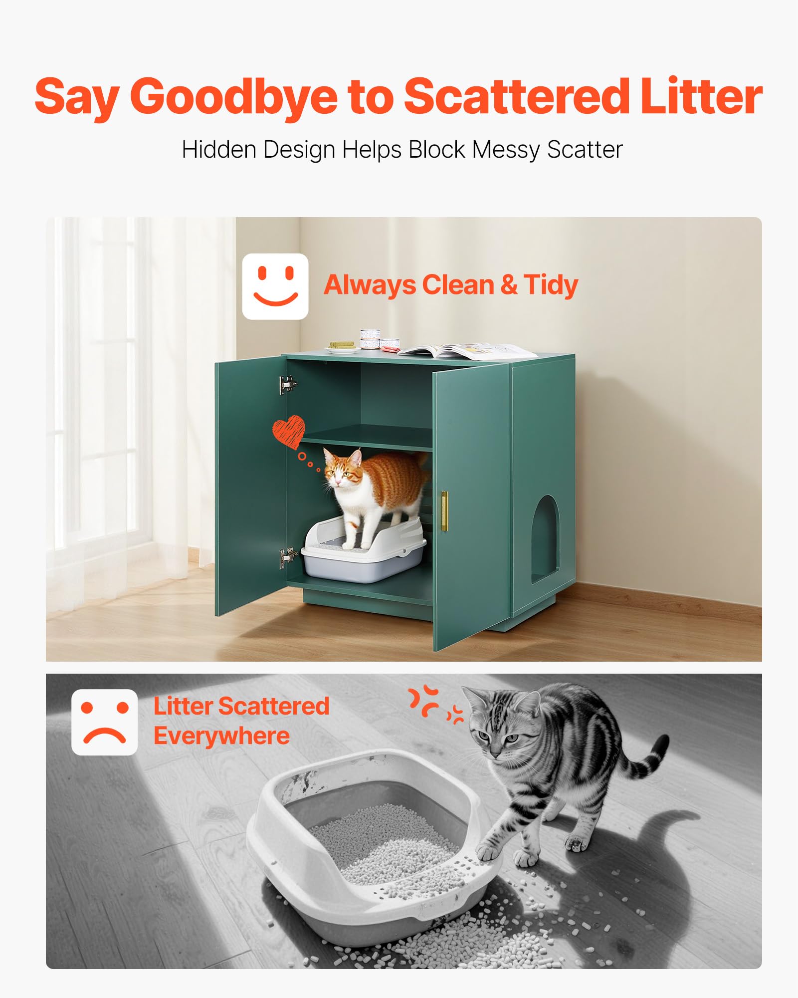 VEVOR Meuble pour Bac à Litière Chat Armoire Cache Maison de Toilette de Chat Double Porte, Niche Cache-litière Bois avec Trous d'Aération, pour la Plupart Bacs à Litière Chats, 80 x 50 x 79 cm, Vert