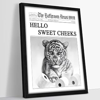 Framed Funny Bathroom Wall Art Decor 12"x16", Black and White Funny Baby Tiger Artwork Hello Sweet Cheeks Wall Pictures Humourous Animal Canvas Prints for Bathroom Wall Decor
