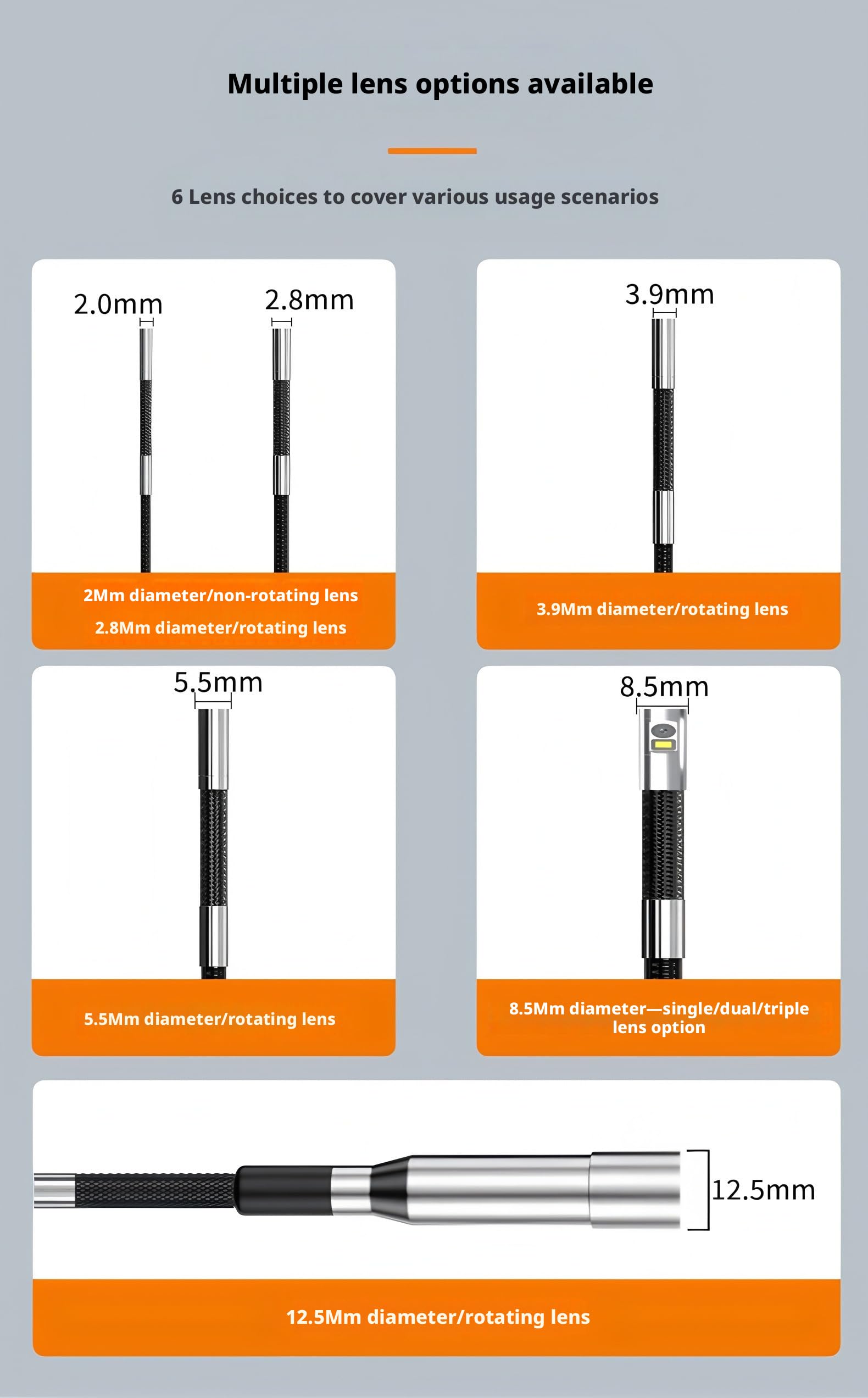 BorescopeGL-500L Inspection camera Endoscope 8.5mm 5M Dual Lens 1080P