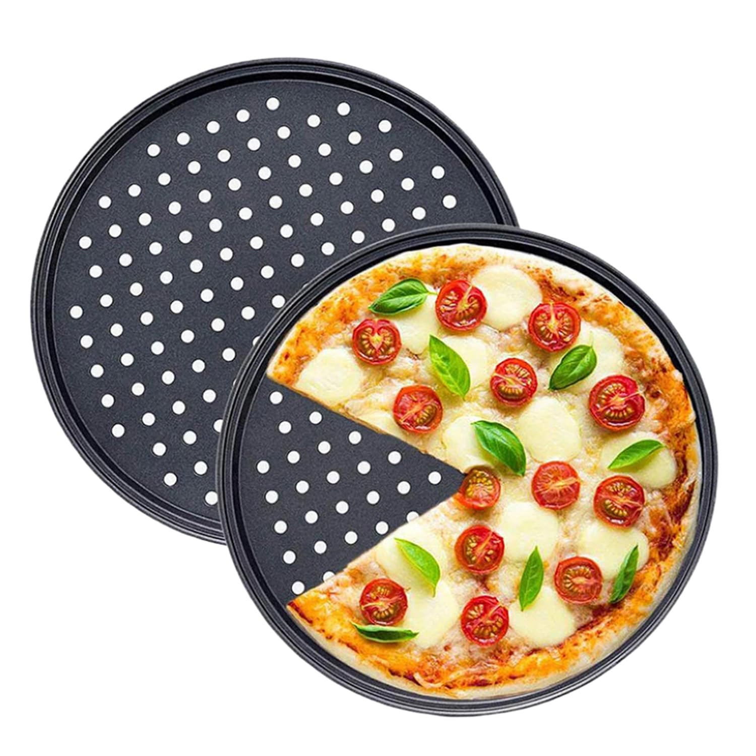 Tissting Pizzablech Gelocht 28cm Runde Perforierte Pizzaform Schwarz Karbonstahl Antihaftbeschichtet Leicht Entformbare Pizza Backblech Kuchenblech für Pizza Pie Flammkuchen