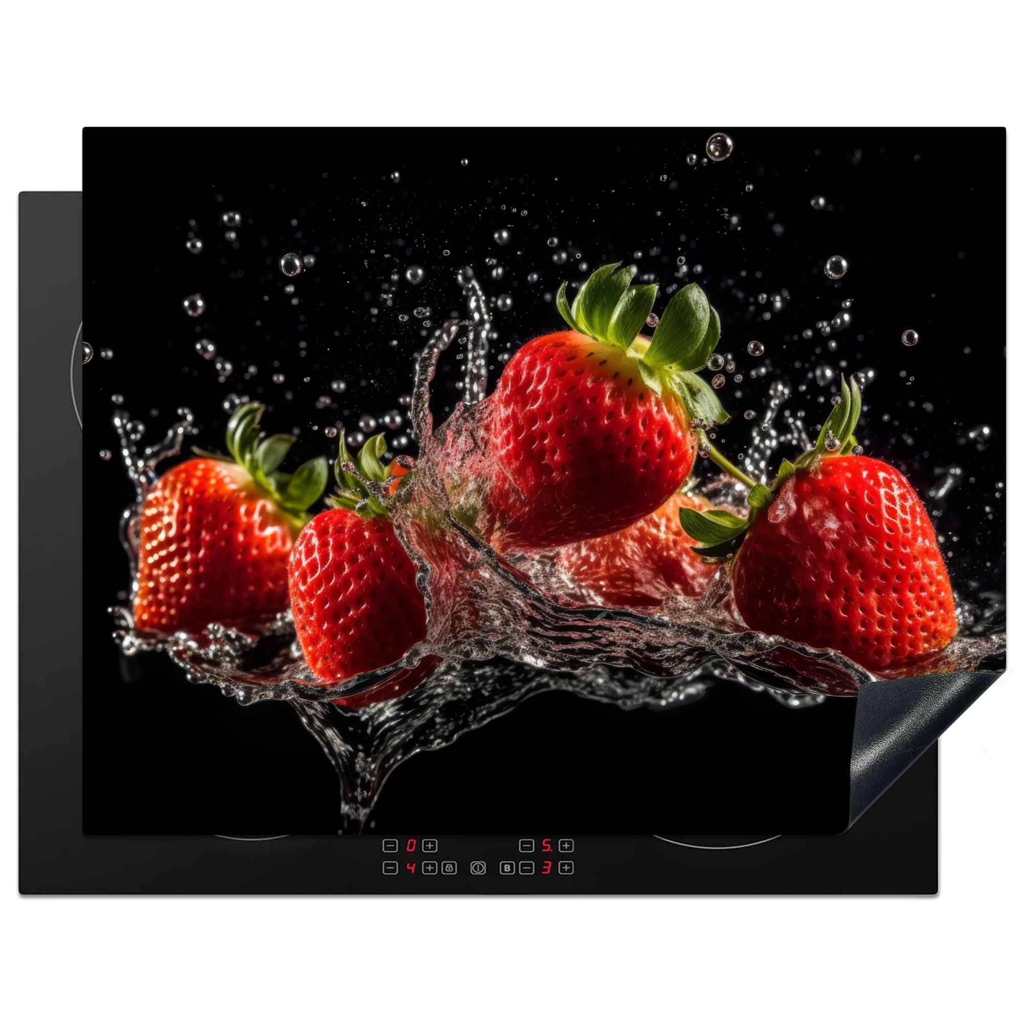 KitchenYeah© Induction Hob Cover Protector Mat 23.2"x30.3" / 77x59 cm Kitchen Universal Ceramic Covers for Electric Cookers Vinyl Strawberries - Fruit - Red - Water - Black