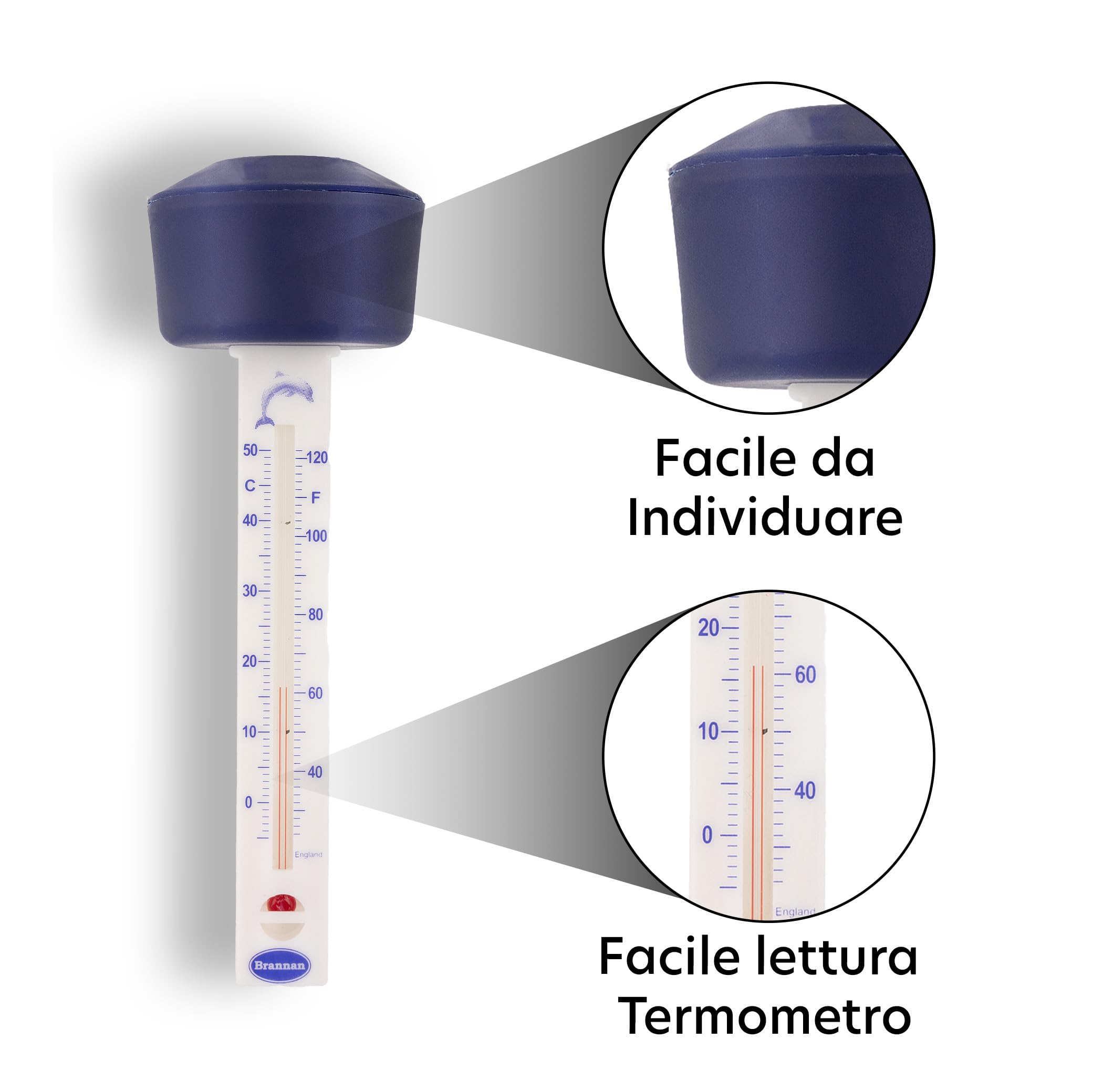 Brannan Termometro galleggiante per acqua con galleggiante blu per leggere la temperatura dell'acqua - Termometro per piscina o bagno di ghiaccio, spa, vasca idromassaggio, nuoto selvaggio