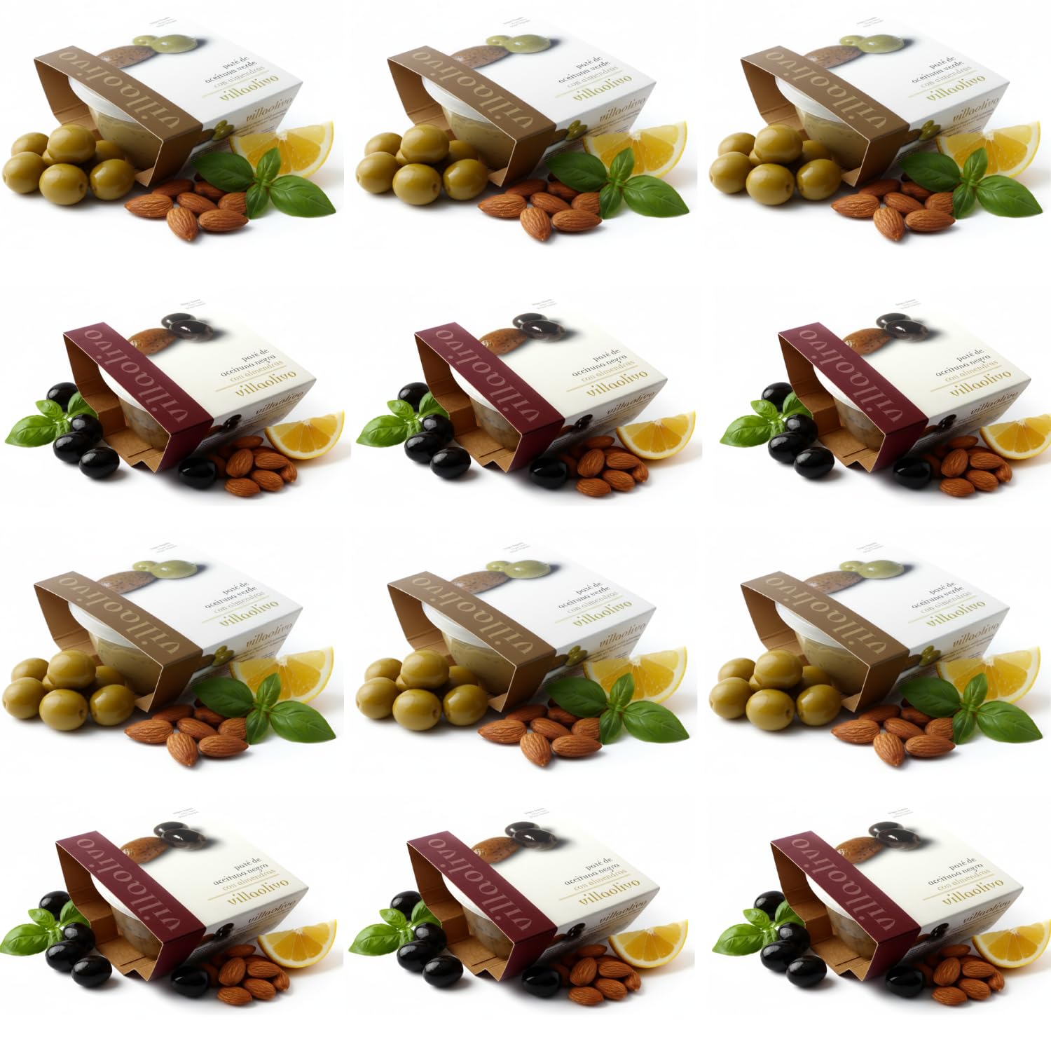 Villaolivo - Pack 12x125g Paté Gourmet de Aceitunas Verdes con Almendras y Aceitunas Negras con Almendras | 100% Natural, Vegano y Sin Conservantes | Ideal para Tapas y Tostadas | Hecho en España