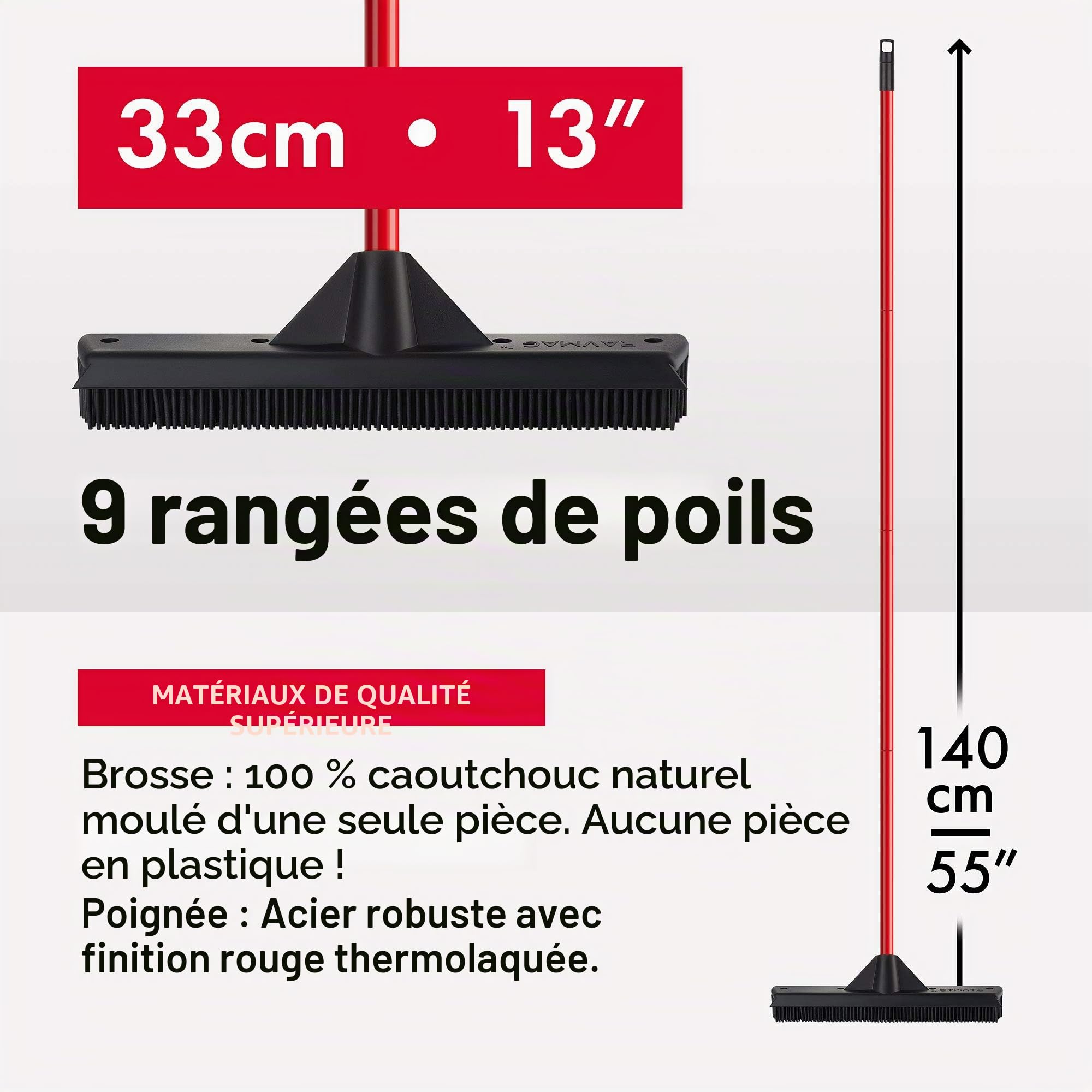 Tyroler Balai Caoutchouc & Raclette Sol | Tête De 33 cm Balai Bross Poils Animaux | Manche Anti-Rouille en 4 Parties de 140 cm pour Balais Coiffeur Caoutchouc Professionnel | Balais Nettoyer Sol