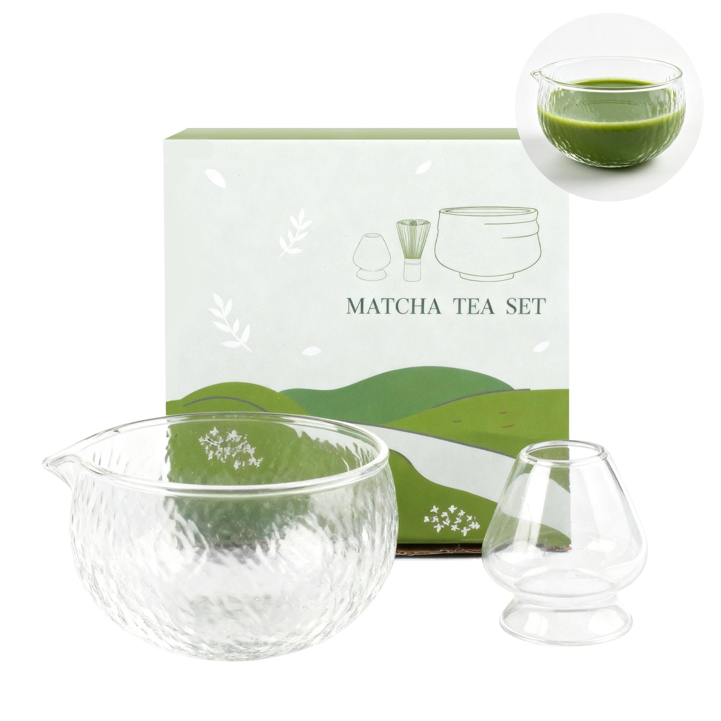2pcs Glass Matcha Set, 480ml Matcha Bowl with Spout, Textured Glass Chawan
